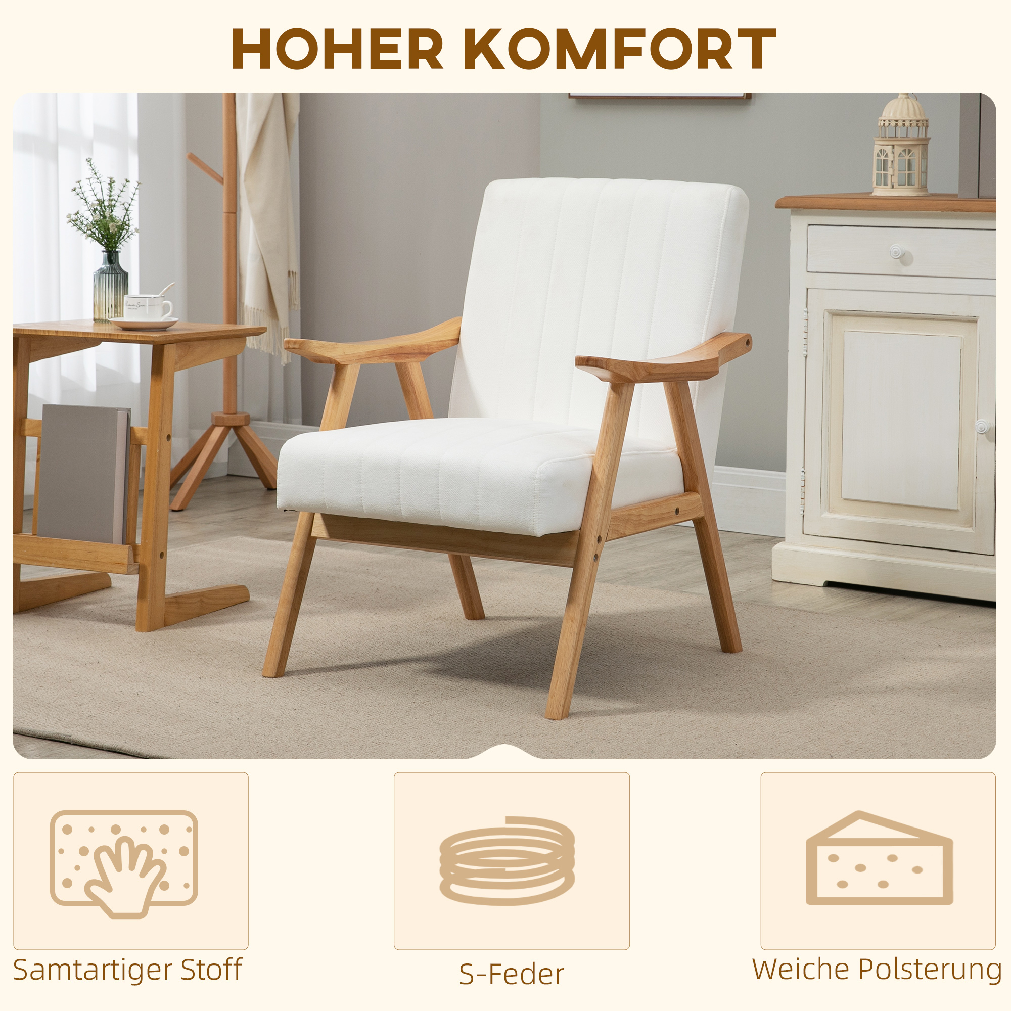 Polstersessel im Skandi-Design, Samtoptik, Massivholzrahmen, 68 x 74 x 82cm, Natur+Creme