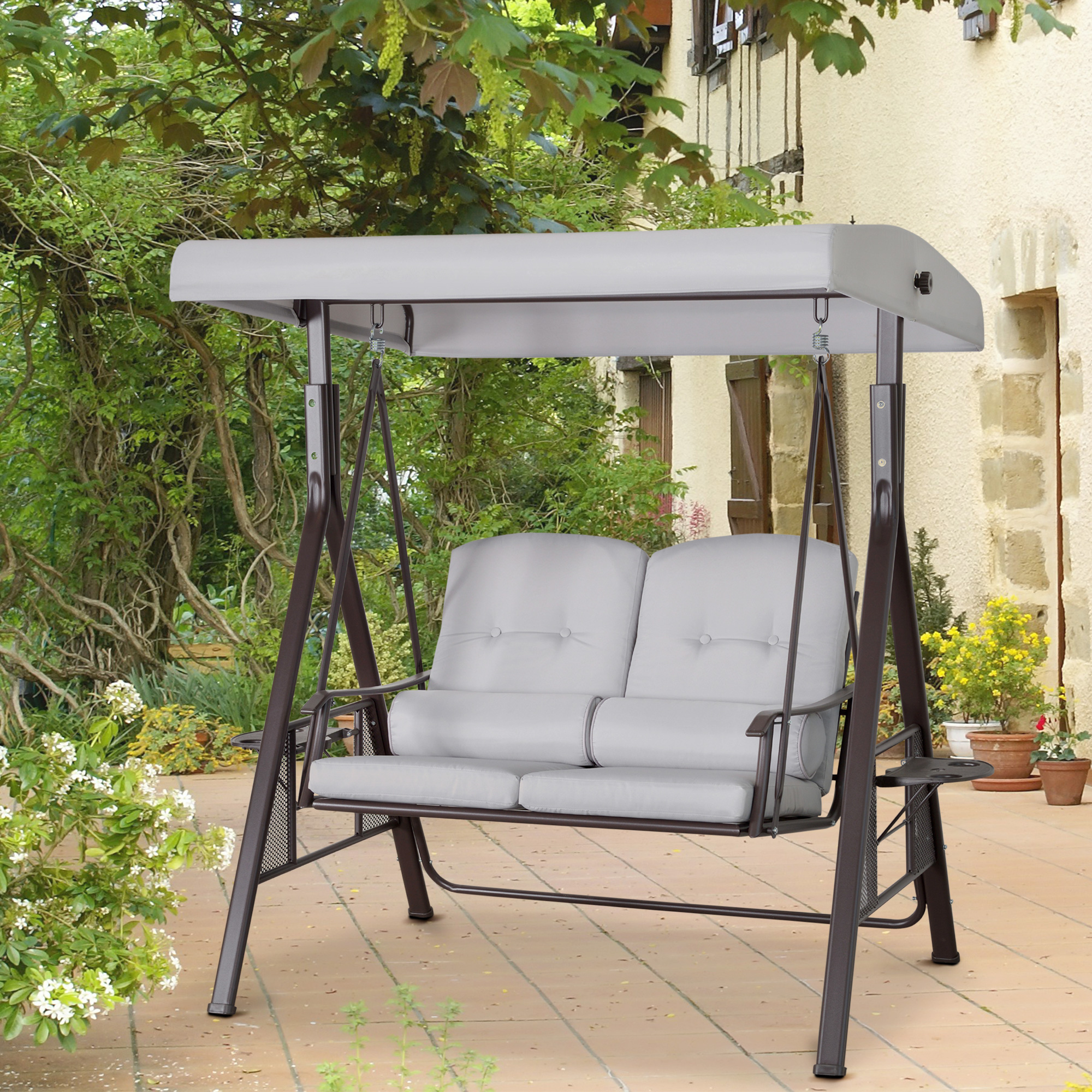 2-Sitzer Hollywoodschaukel Gartenschaukel mit Sonnendach Kissen Tablett Metall Polyester Grau 162 x 118 x 173 cm