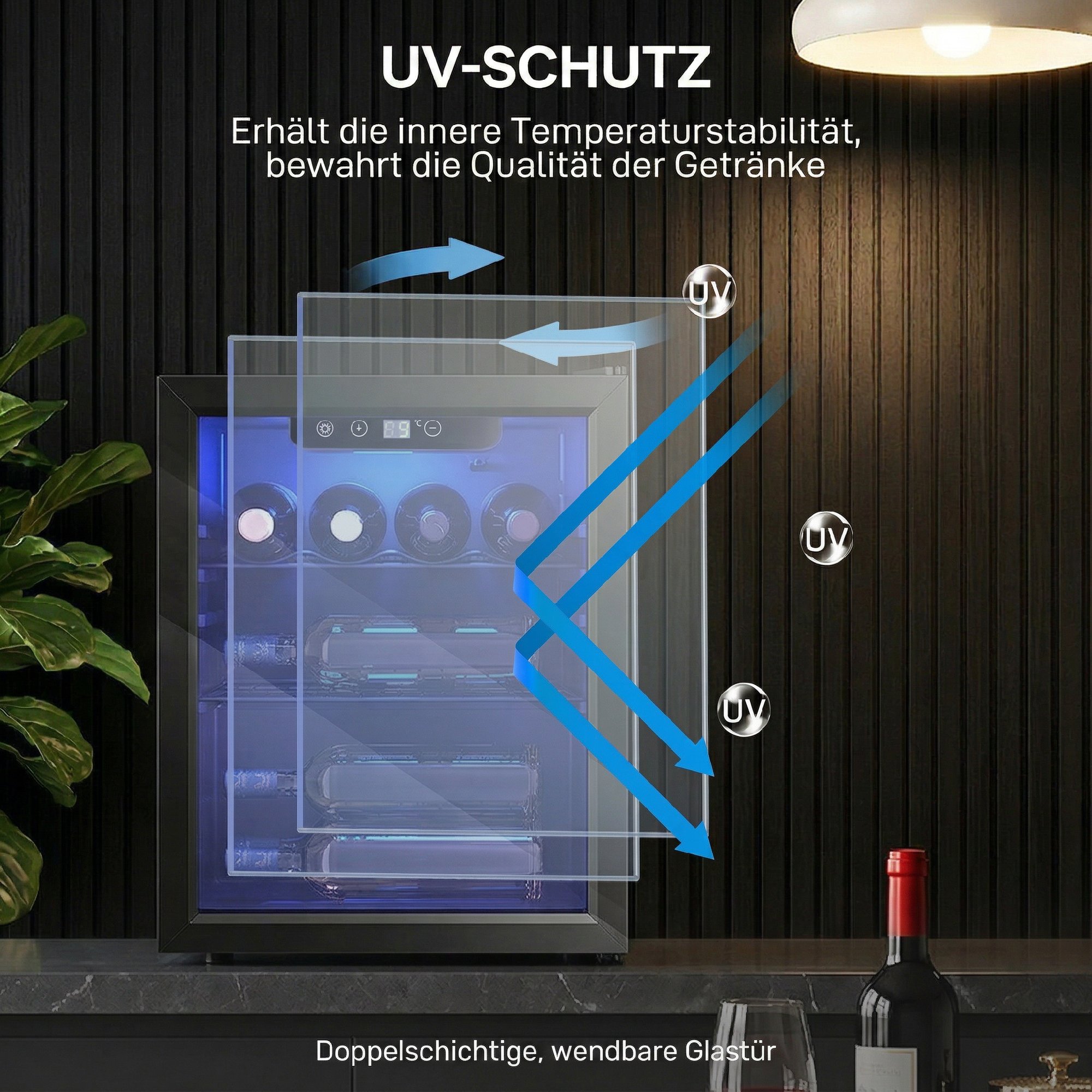 Weinkühler für 16 Flaschen, 48 L Kapazität, 4–16°C, Unterbau Kühlschrank für Getränke und Bier, mit Glastür, LED-Licht