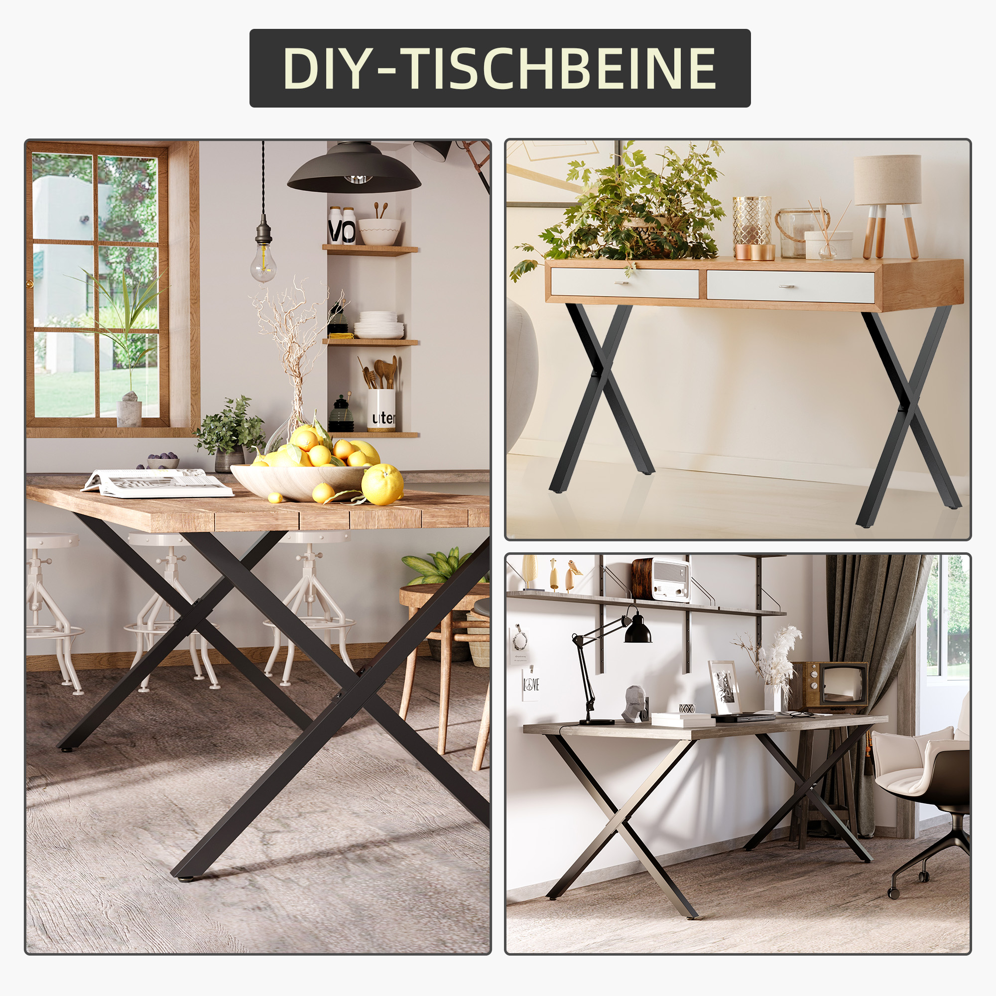2 Stück Stahl Tischbeine Tischfüße für Esstisch Schreibtisch Couchtisch Tischgestell in X-Form Schwarz 72cm