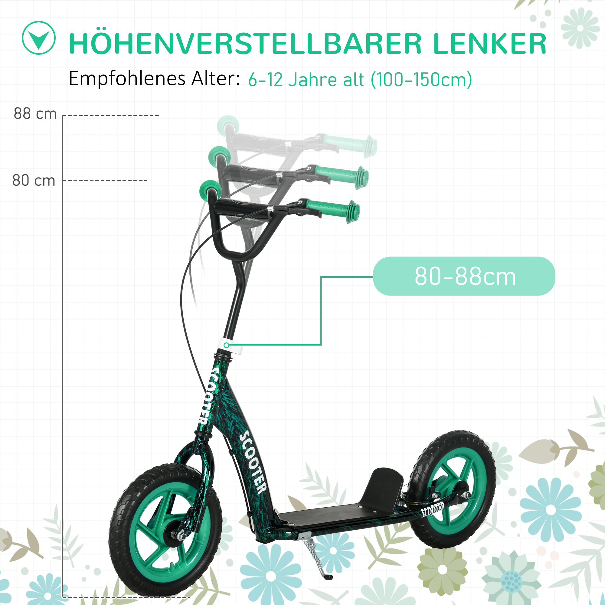 Kinderroller, höhenverstellbarer Tretroller für Kinder, mit Bremse, Ständer, 2 Räder, Stahl, Grün