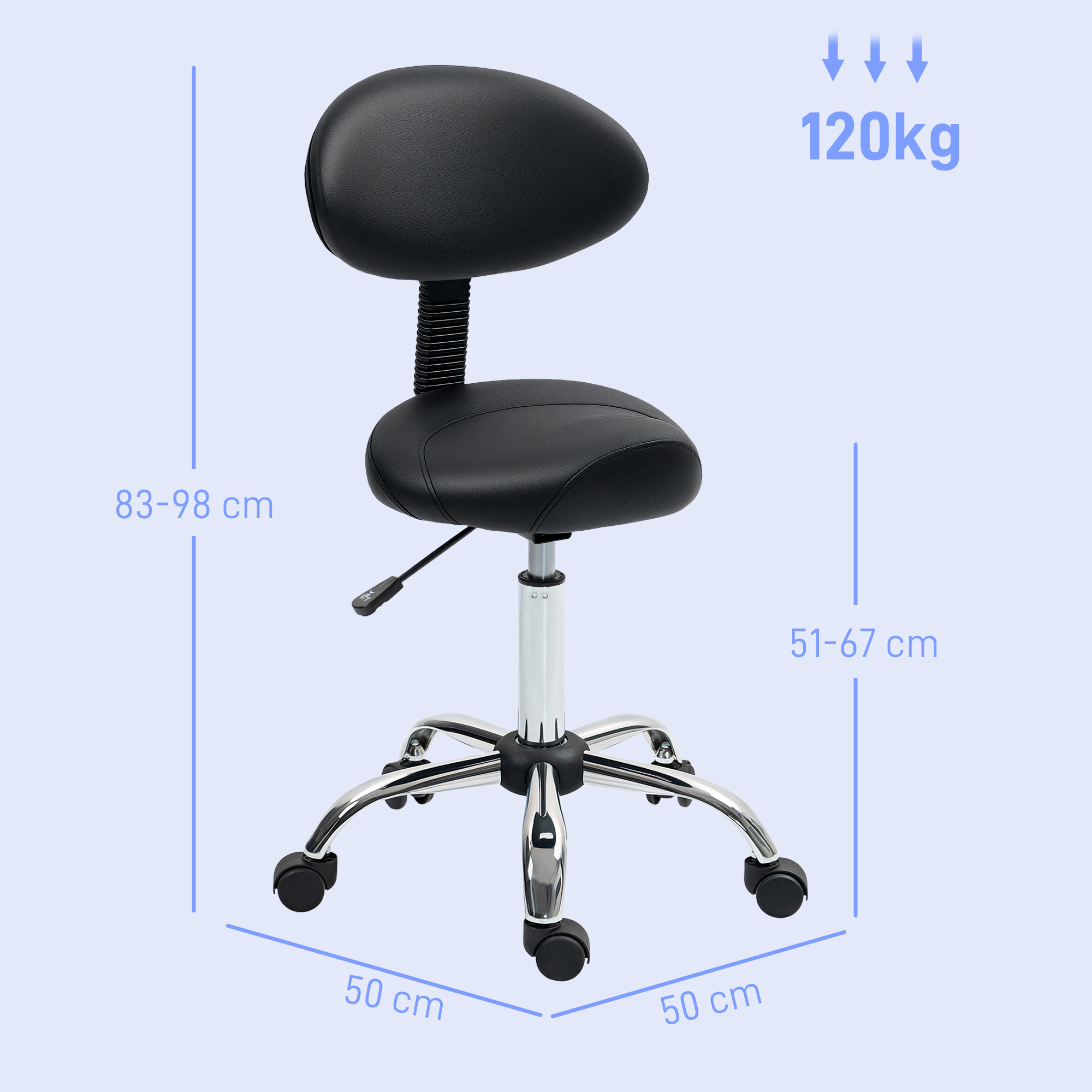 Rollhocker höhenverstellbar mit Rückenlehne Drehhocker 83-98 cm Arbeitshocker 360° drehbar für Büro Salon