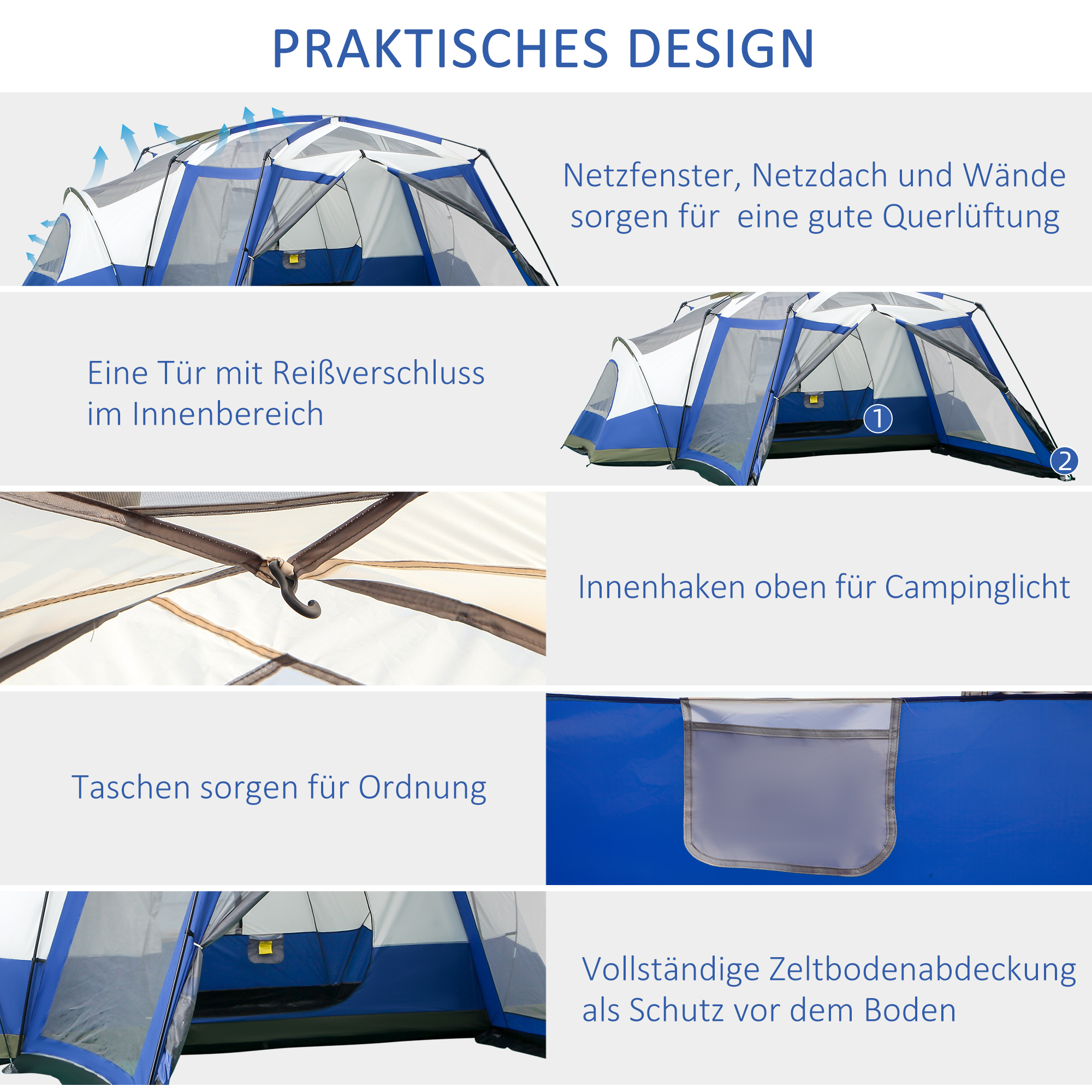 Camping Zelt 6-8 Personen Zelt Familienzelt mit Vorraum 2 Fenster Kuppelzelt Kunstleder3000mm für Trekking Festival Glasfaser Blau 518 x 487 x 237 cm