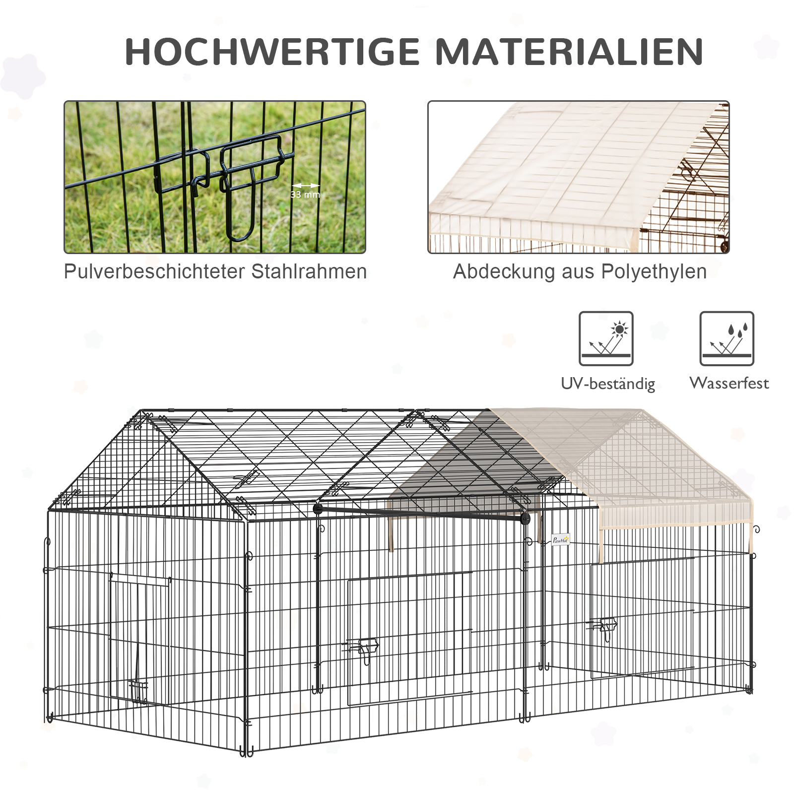 Laufgitter für Kleintiere, Außengehege, 4 Bodenspieße, 220 cm x 103 cm x 103 cm, Schwarz + Beige