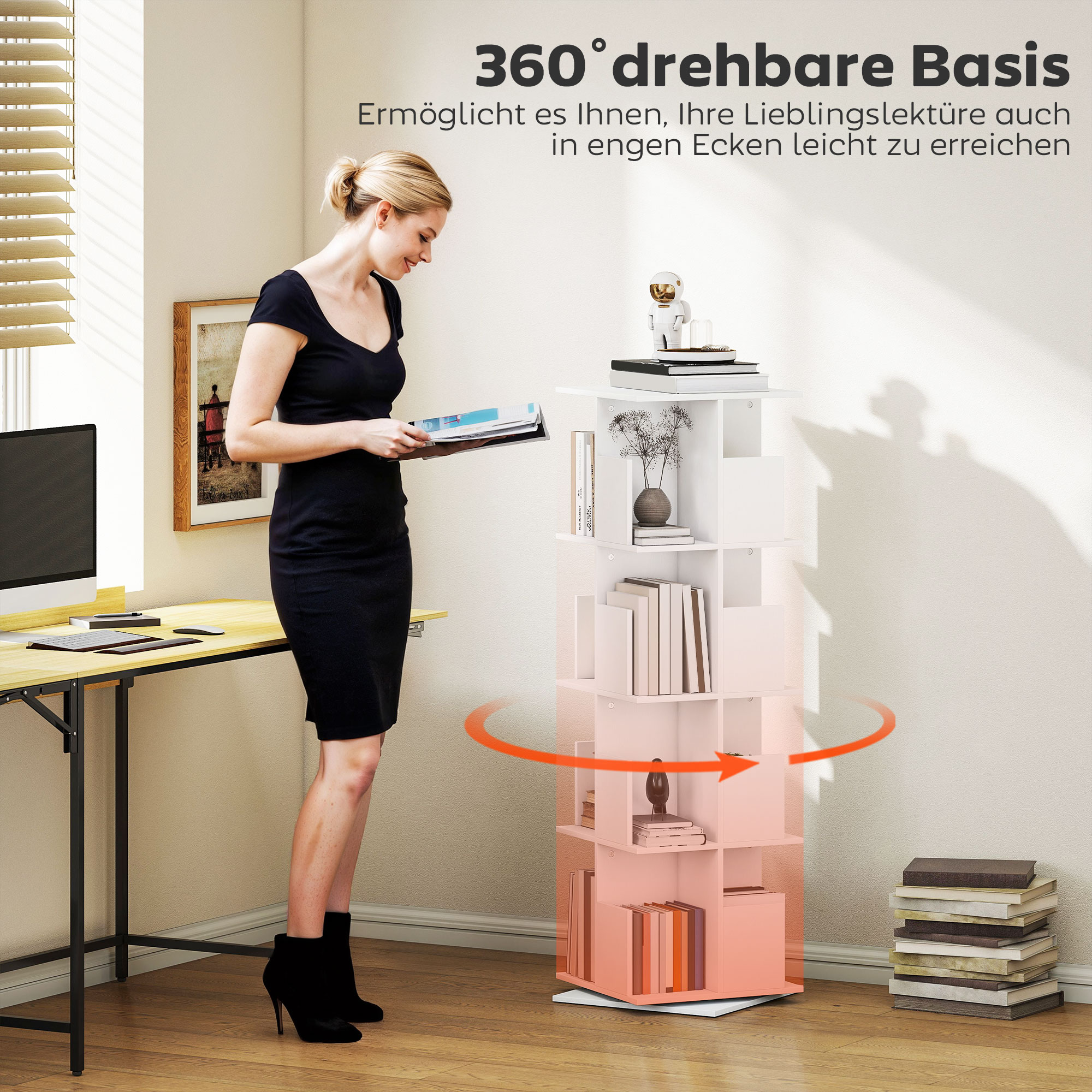 drehbares Bücherregal mit 4 Ebenen, 16 Fächer, leicht zugänglich, für Schlafzimmer, Wohnzimmer, Arbeitszimmer, Spanplatte, Weiß