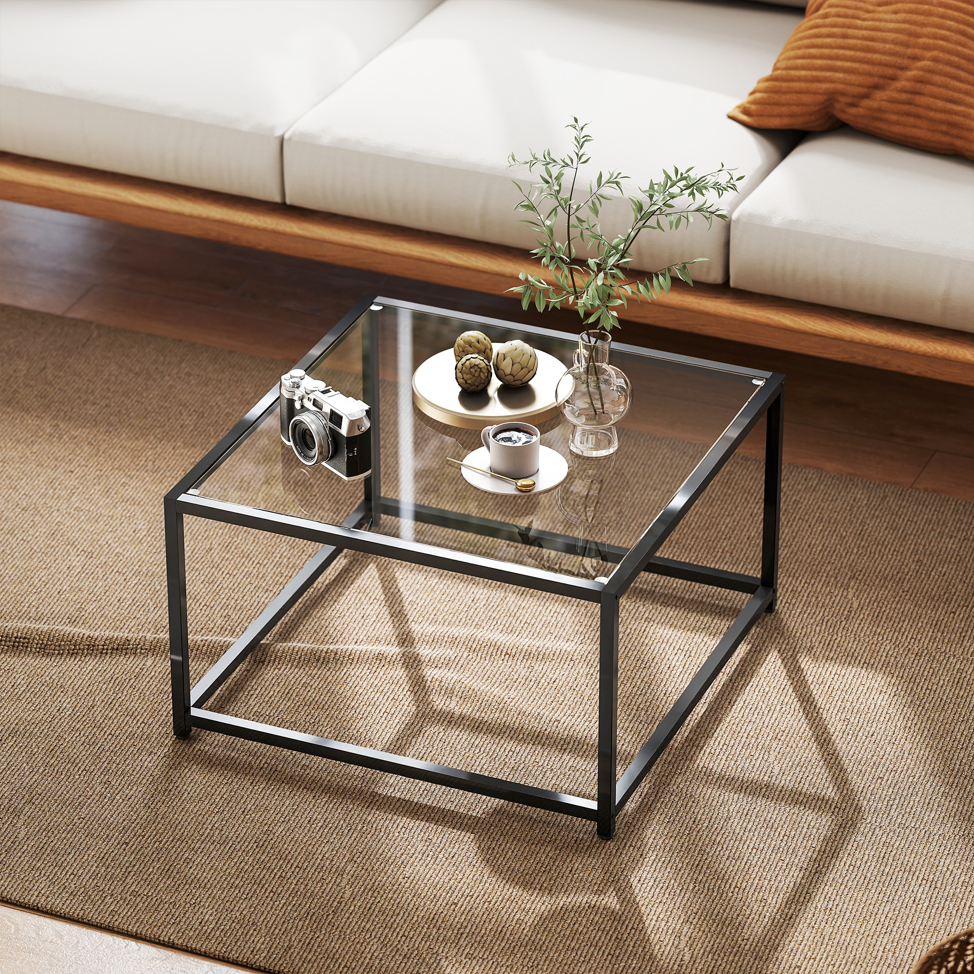 Beistelltisch Quadratisch Nachttisch mit Hartglas-Tischplatte, Couchtisch mit Beinen aus Stahl 68 x 68 x 39 cm Schwarz