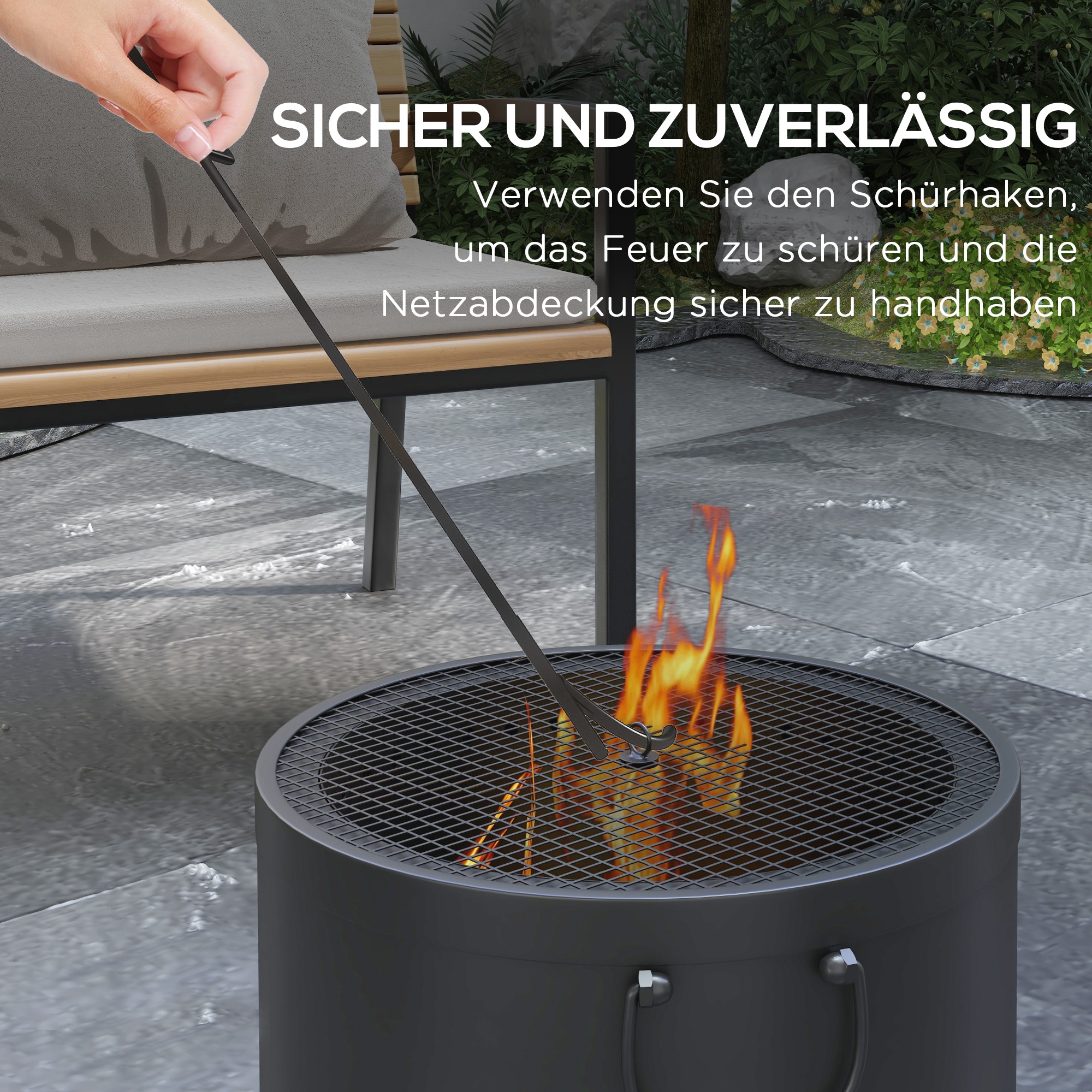 Feuerschale, rauchfrei, mit Funkenschutz, Schürhaken, Metall, Ø38x27 cm, Dunkelgrau