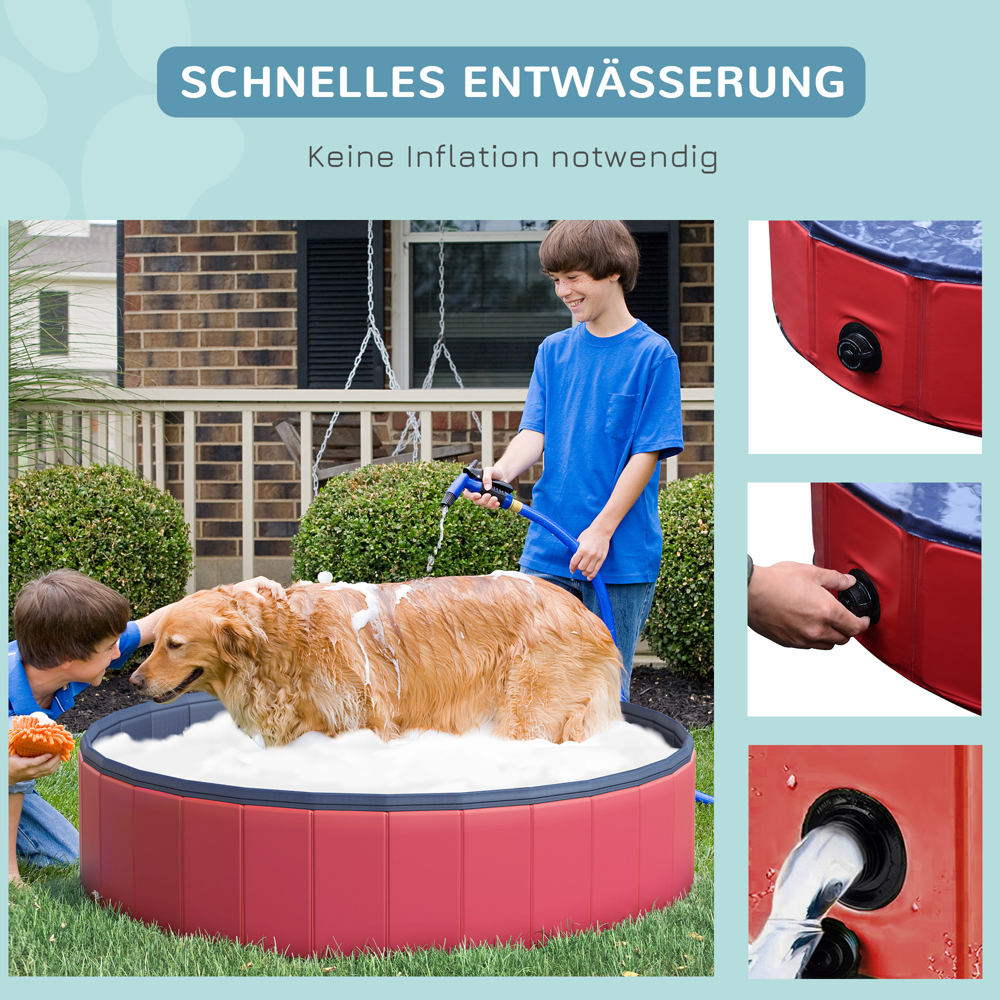 Hundebadewanne faltbar Badewanne Hundepool Plantschbecken Swimmingpool Wasserbecken für Hunde und Katzen Schwimmbecken Kunststoff+Holz Rot Ø140 x H30 cm