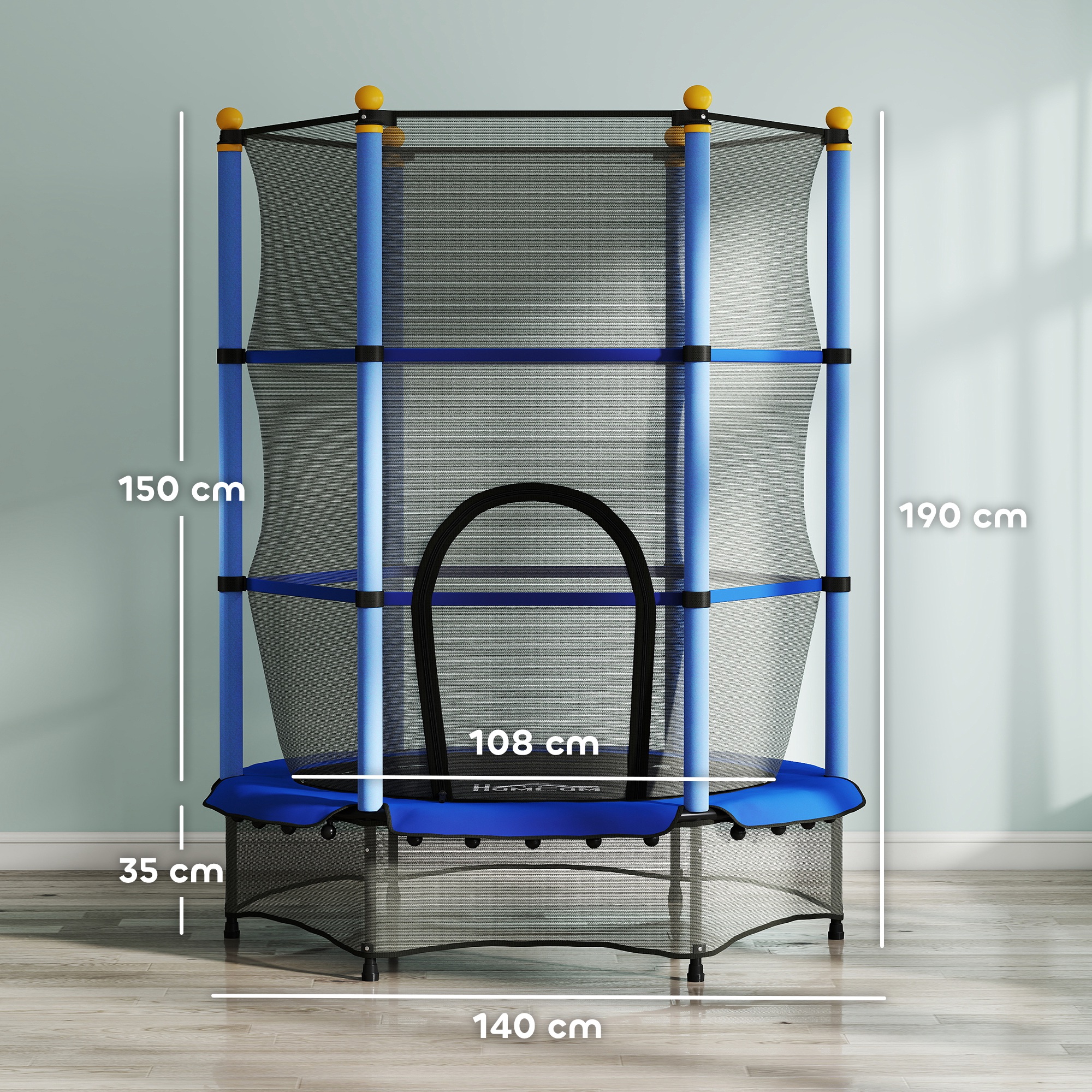 Trampolin für Kinder, Ø140 cm, mit Sicherheitsnetz, für innen und außen, Stahl, Kunststoff, belastbar bis 50 kg, Blau
