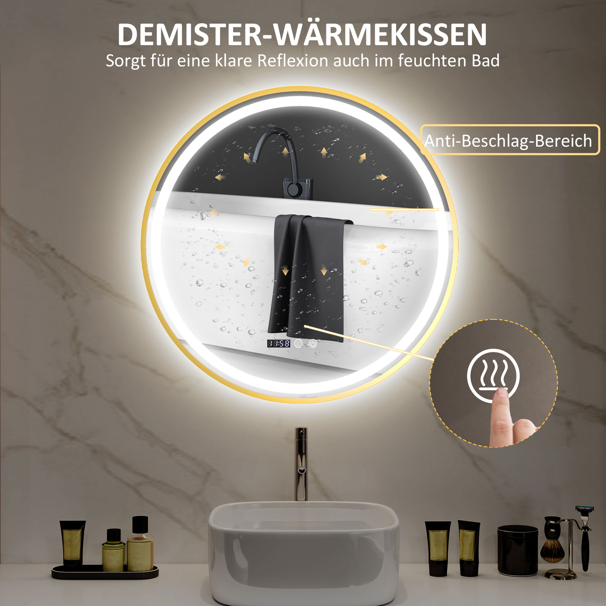 Runder Badezimmerspiegel mit LED-Lichtern, Badspiegel mit Anti-Beschlag-Funktion, Touch-Bedienung, Display