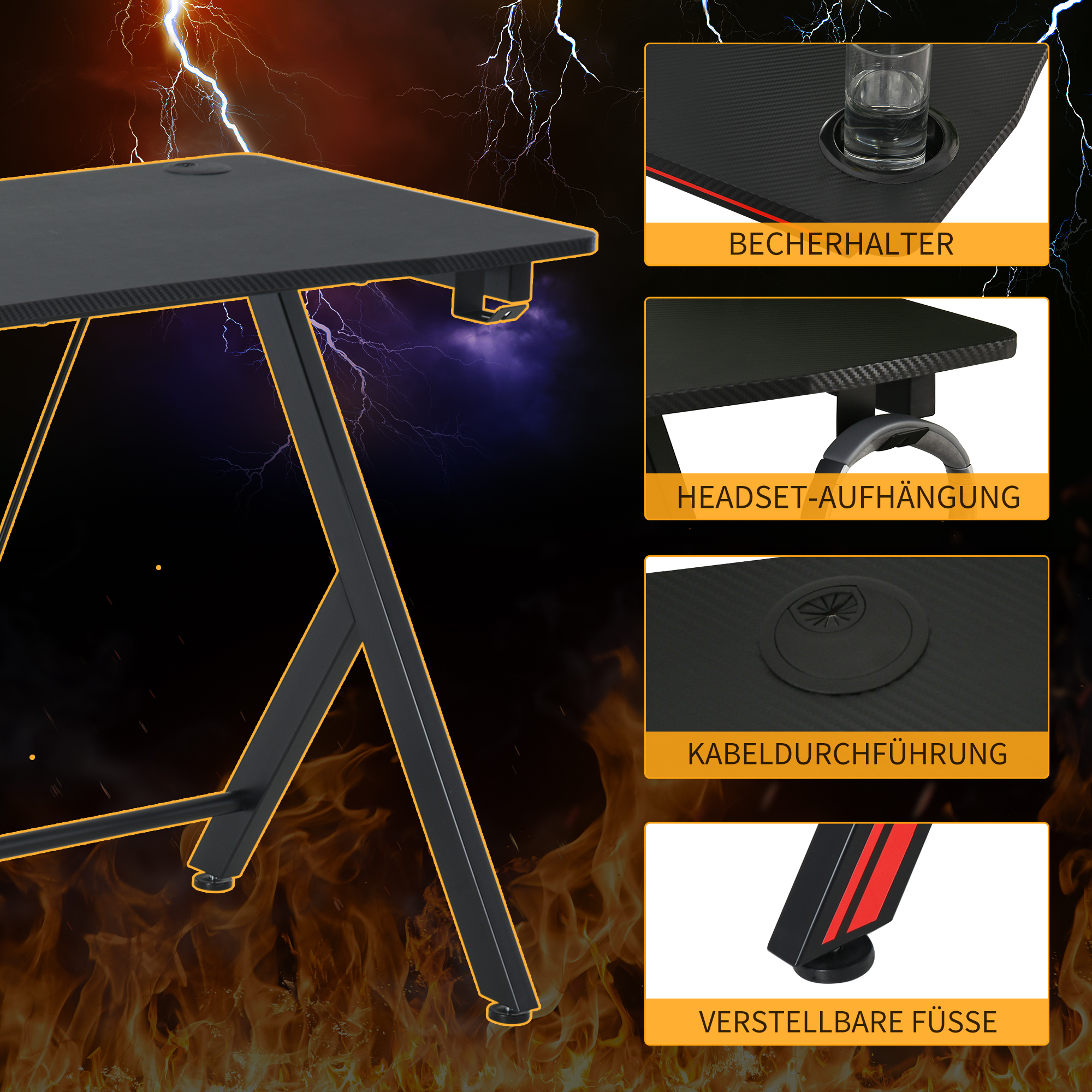 Gaming-Tisch Schreibtisch mit Kopfhörerhaken Getränkehalterung Computertisch Stahl + MDF Schwarz 105 x 55 x 75 cm