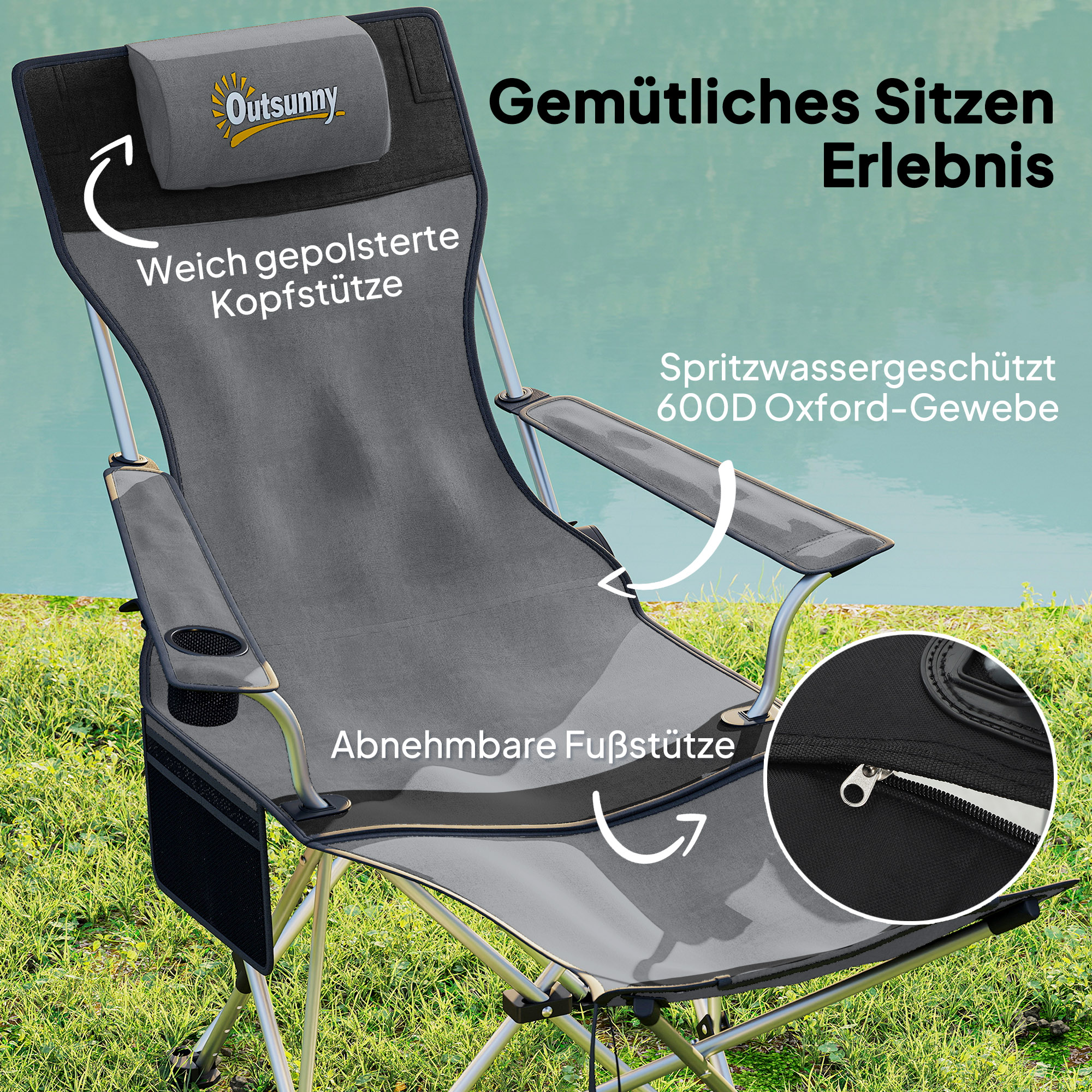 2er Set Campingstuhl faltbar Angelstuhl mit abnehmbar Fußstütze Getränkehalter belastbar 120 kg Grau