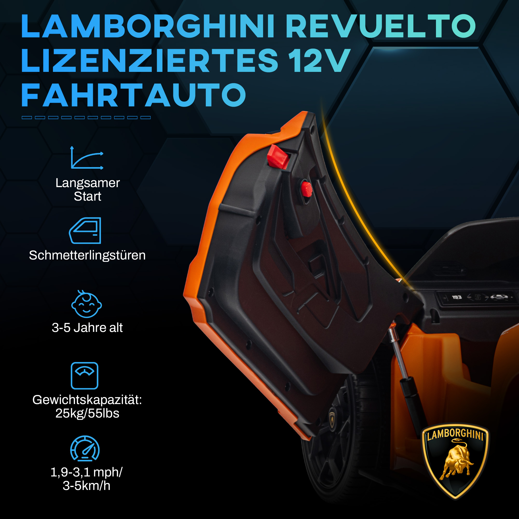 Elektroauto für Kinder von 3-5 Jahren, sanfter Antrieb, fernsteuerbar, mit Hupe, Kunststoff und Metall, Orange