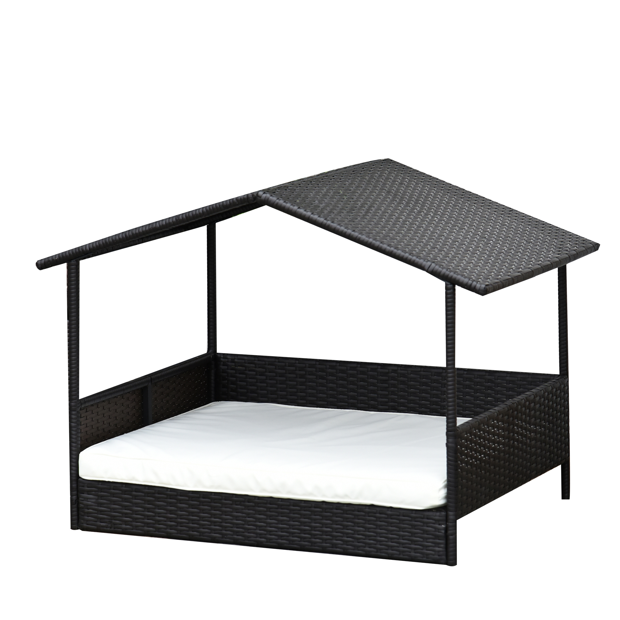 Rattan Hundeliege Outdoor mit Dach, erhöhtes Hundebett für kleine und mittelgroße Hunde, Kühlendes Haustierliege mit Metallrahmen, Kissen für Draußen, 69 x 98 x 70 cm, Kaffee-Braun
