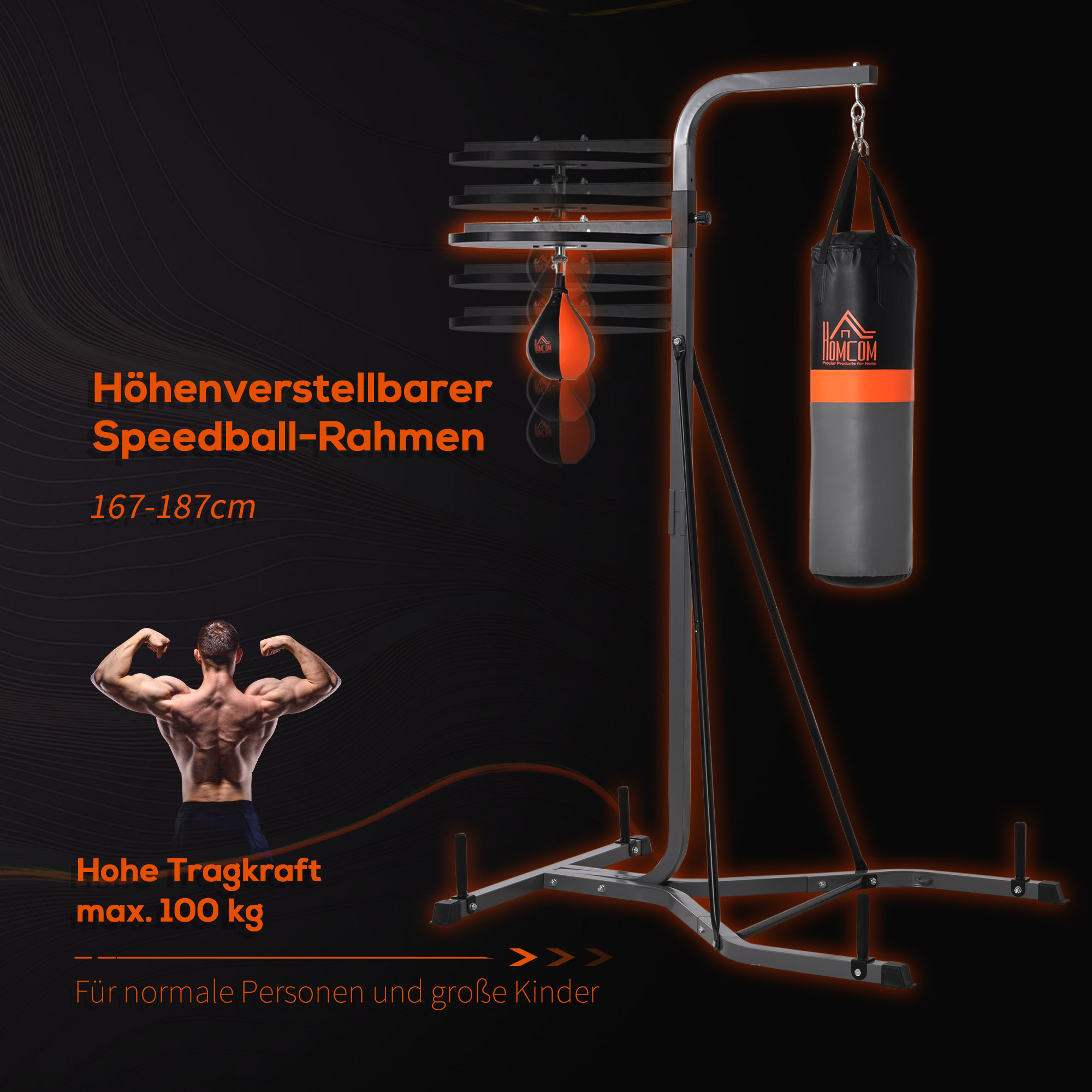 2-in-1 Boxsackständer max. Tragkraft 100 kg, drehbar Boxsackhalterung aus Stahl mit 20kg Boxsack Punchingball, stehend höhenverstellbar Boxsackhalter, für Indoor Fitness Training, Schwarz