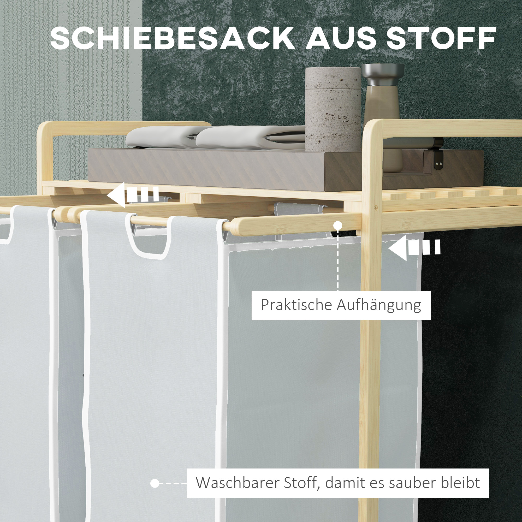Wäschekorb mit 2 Waschsäcken, 1 Ablage, Bambus, 63,5 cm x 33 cm x 73 cm, Hellgrau + Natur