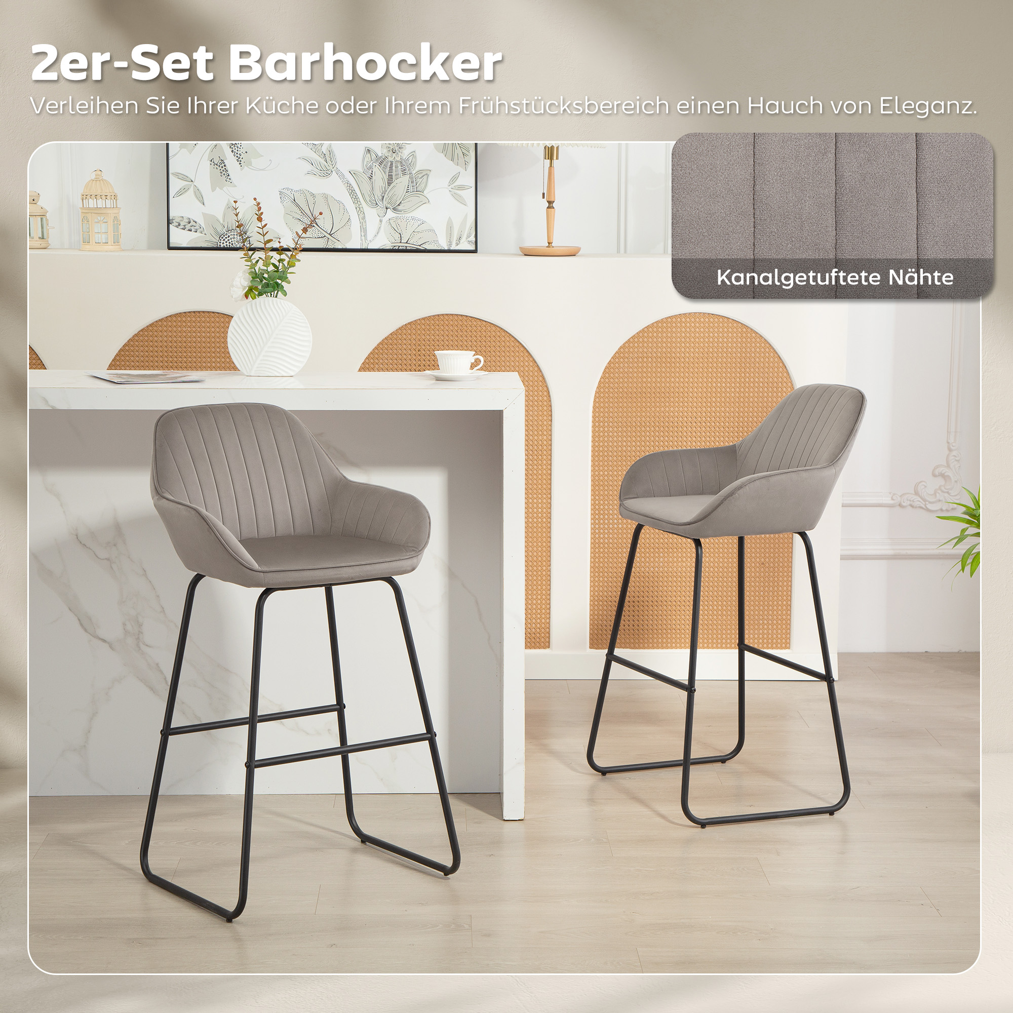 2er-Set Barstühle, Barhocker mit Stoffbezug und Schaumstoffpolsterung, Polsterhocker mit Metallbeinen, Grau