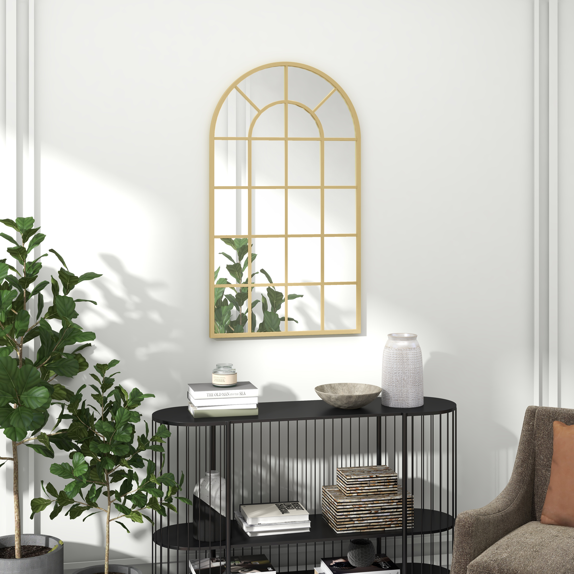 Wandspiegel, Fenster-Design, Flurspiegel, Metallrahmen, 110 x 65 cm, Gold