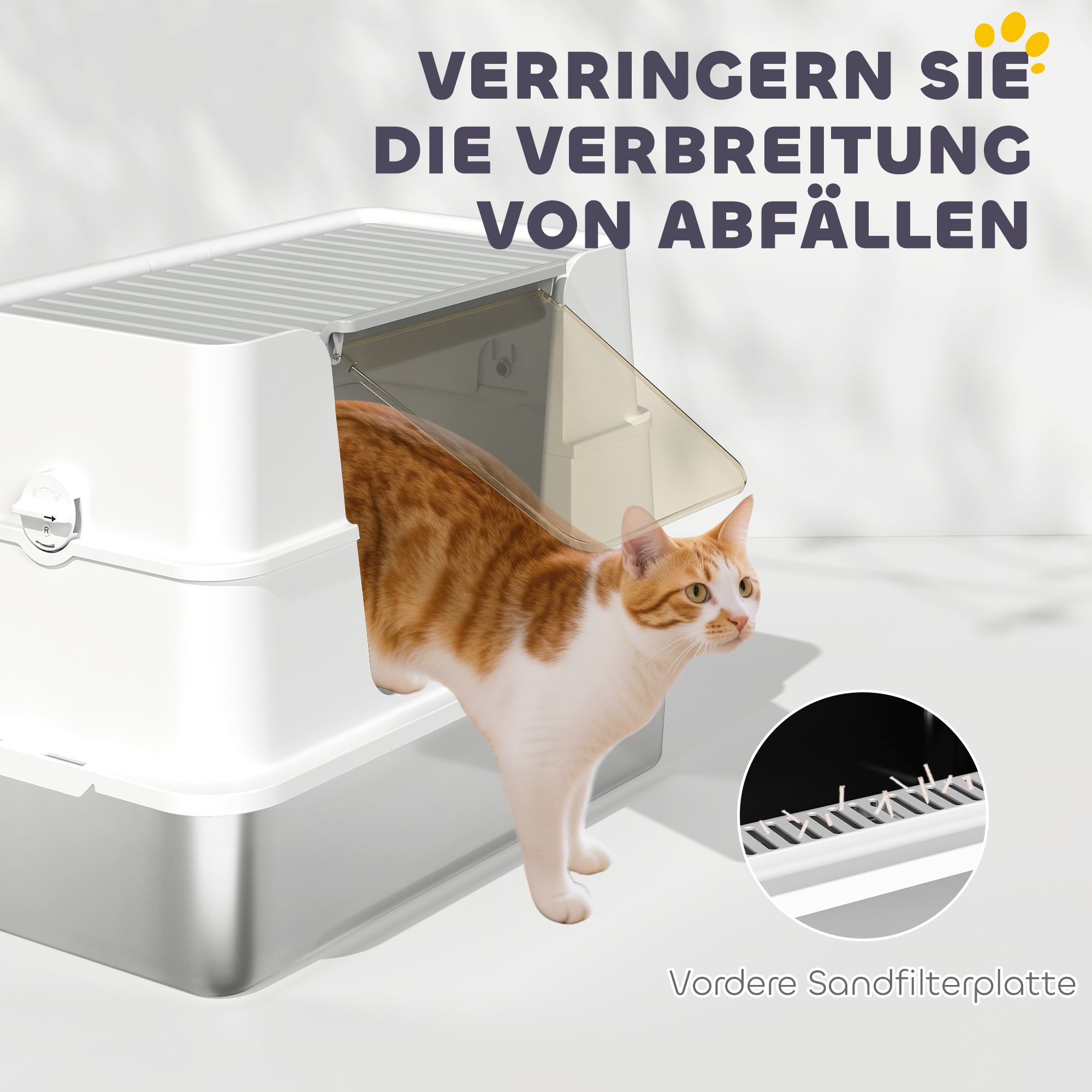 Katzentoilette, Edelstahl, XL-Innenraum, mit Schaufel, Hellgrau