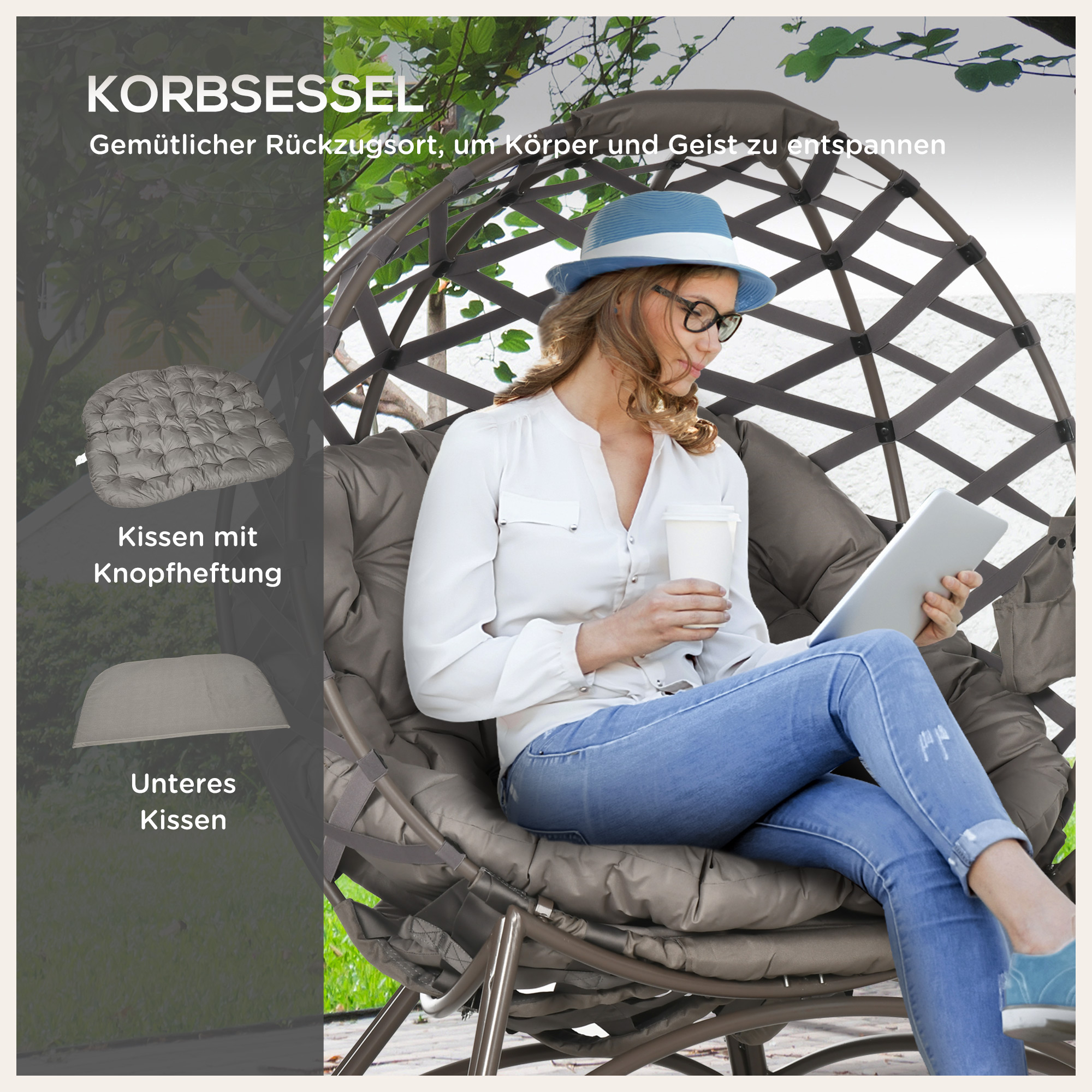 Gartenstuhl-Set, 2-tlg., Hocker/Beistelltisch, gr. Sitzkissen, Stahlrahmen, Farbe: Sand, 118 x 75 x 142 cm