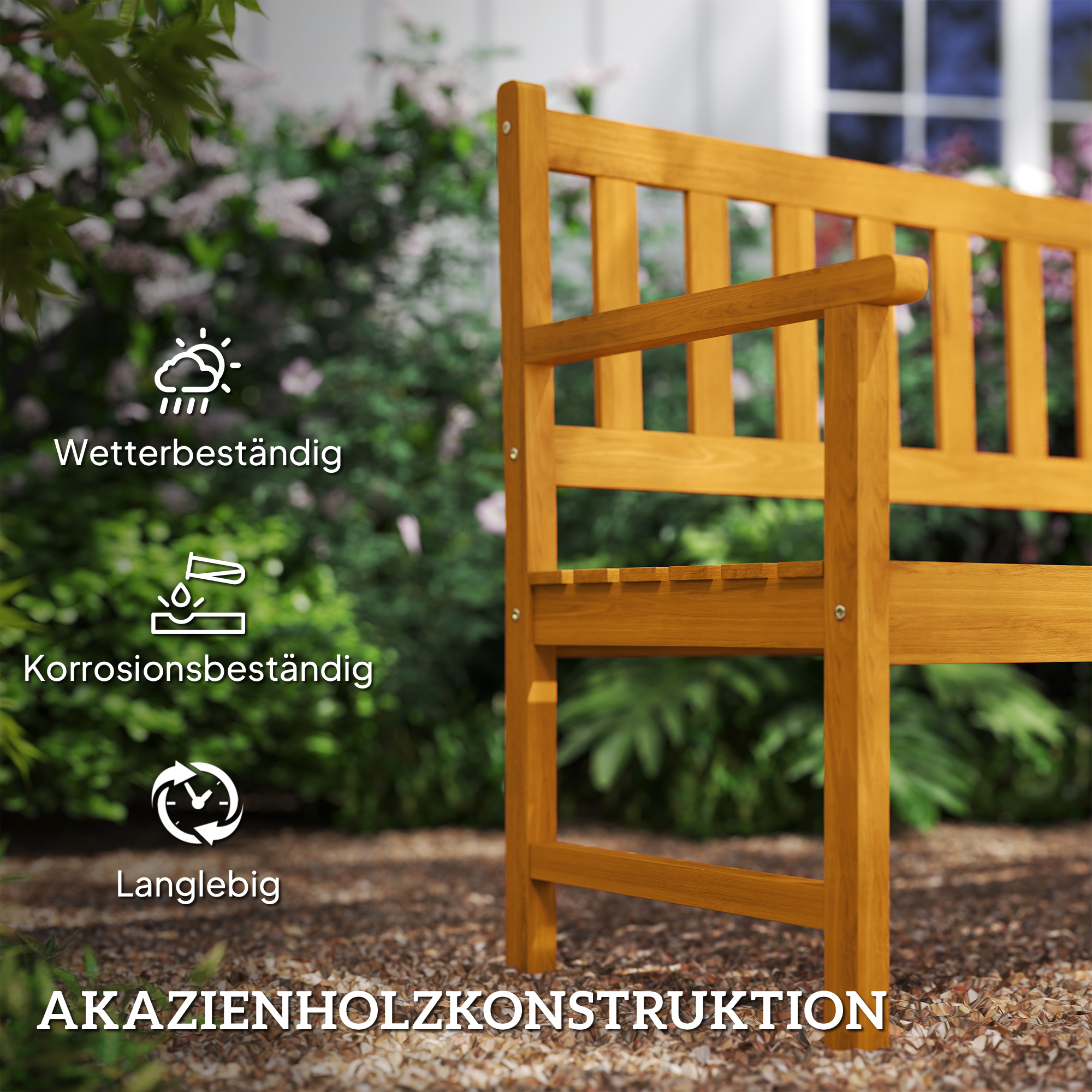2-Sitzer Gartenbank Holz, wetterfest Sitzbank mit Rücken- & Armlehnen 320kg belast 149x56,5x89cm, Teak