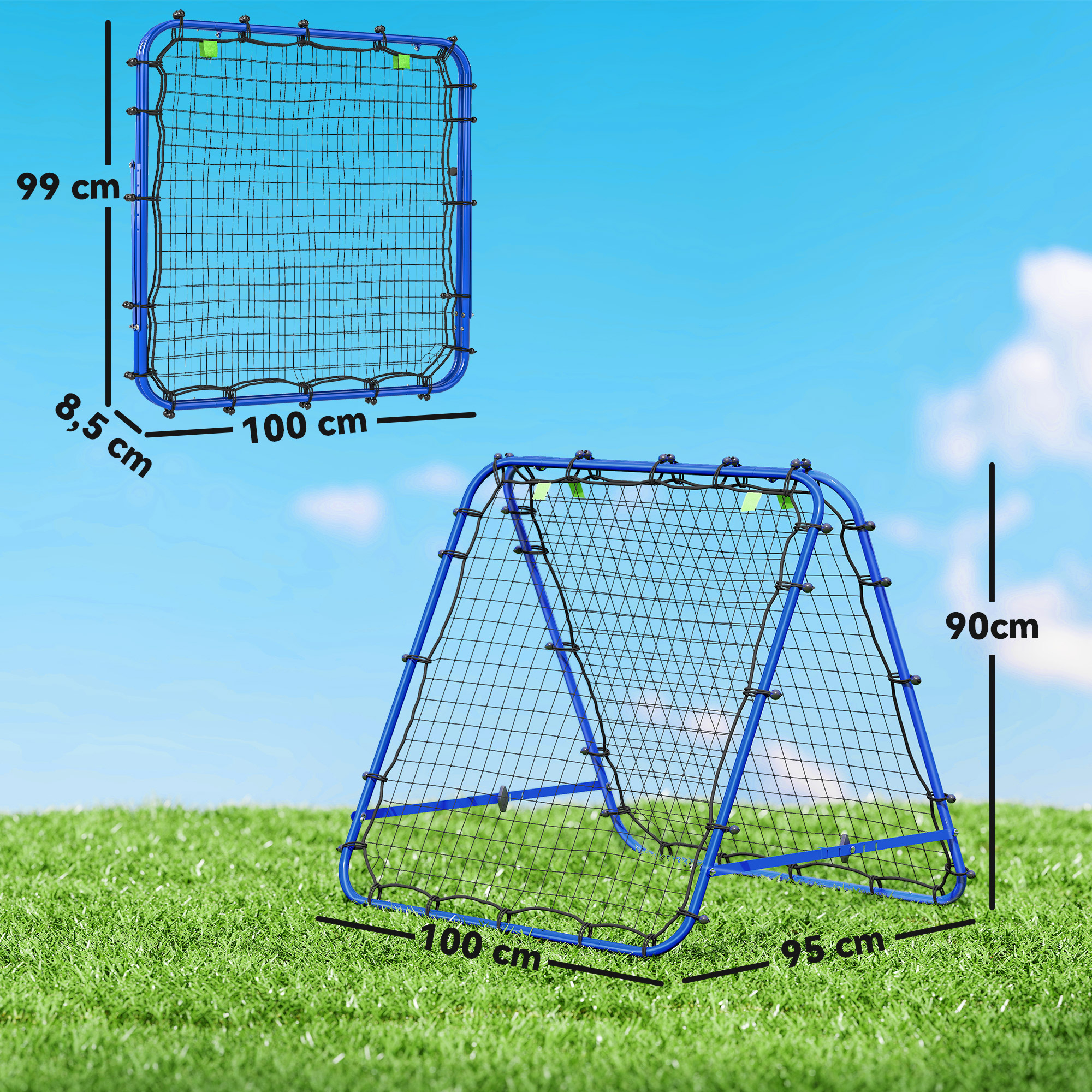 Rebounder für Fußball, verstellbar Prellwand mit 5 Winkelpositionen und Rückprallwand Netz, 100 x 68-95cm Kickback Tor Fußballtor für Jugendliche, Rückprallwand für Handball Training, Blau