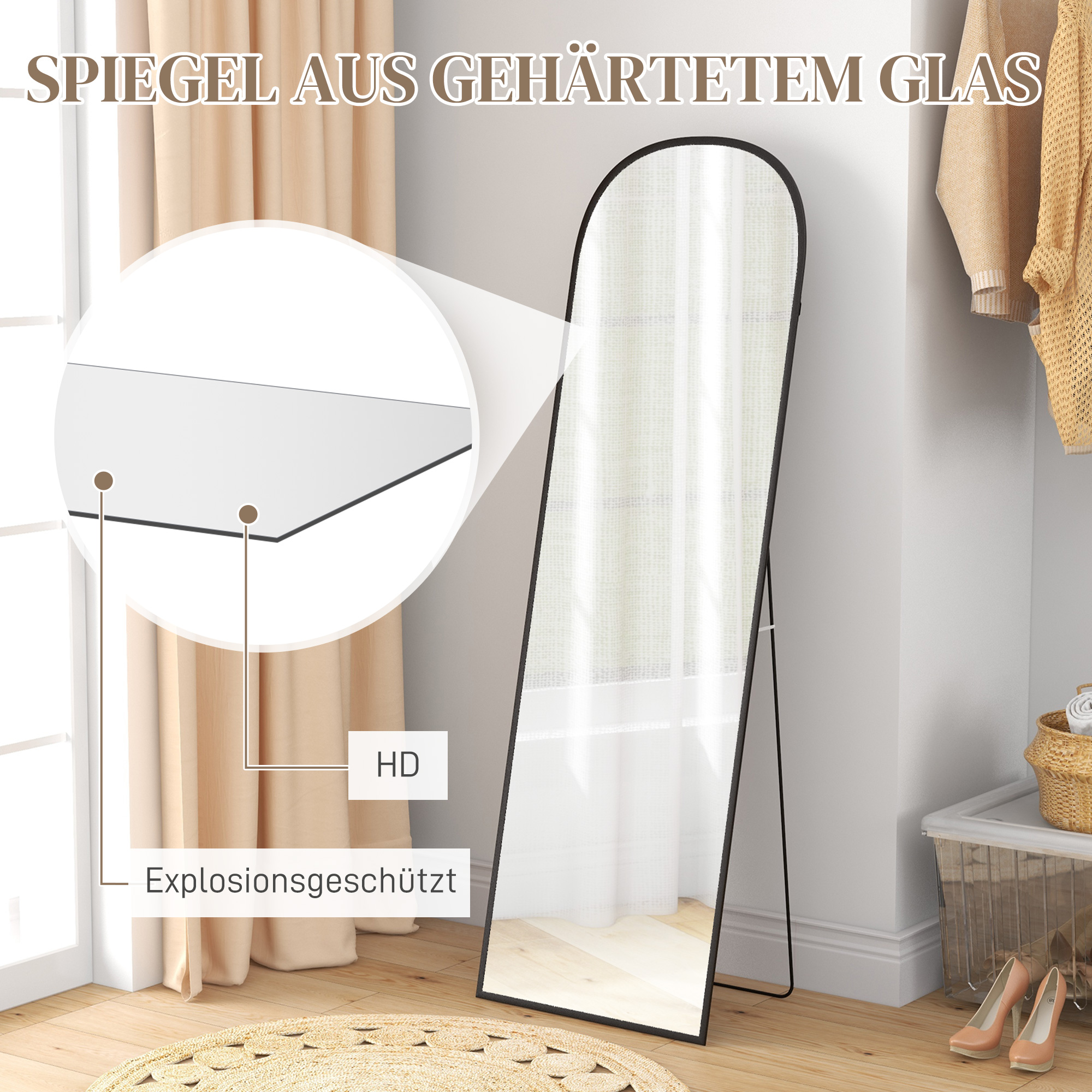 Standspiegel Ganzkörperspiegel großer Spiegel, modernes Design, 50 cm x 1,5 cm x 161,5 cm, Schwarz