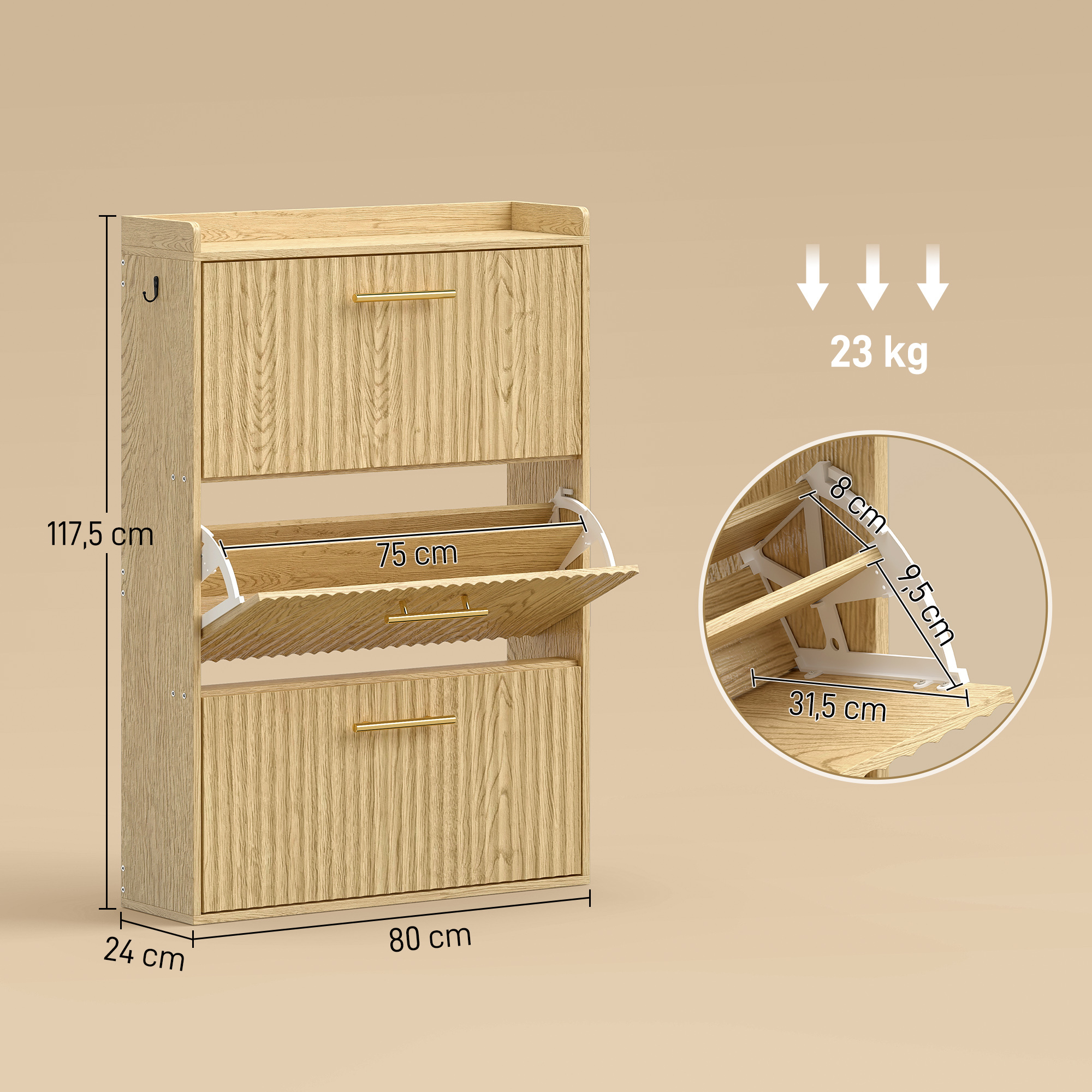 schmaler Schuhschrank mit Klappdesign und 3 Fächern, hellbraun