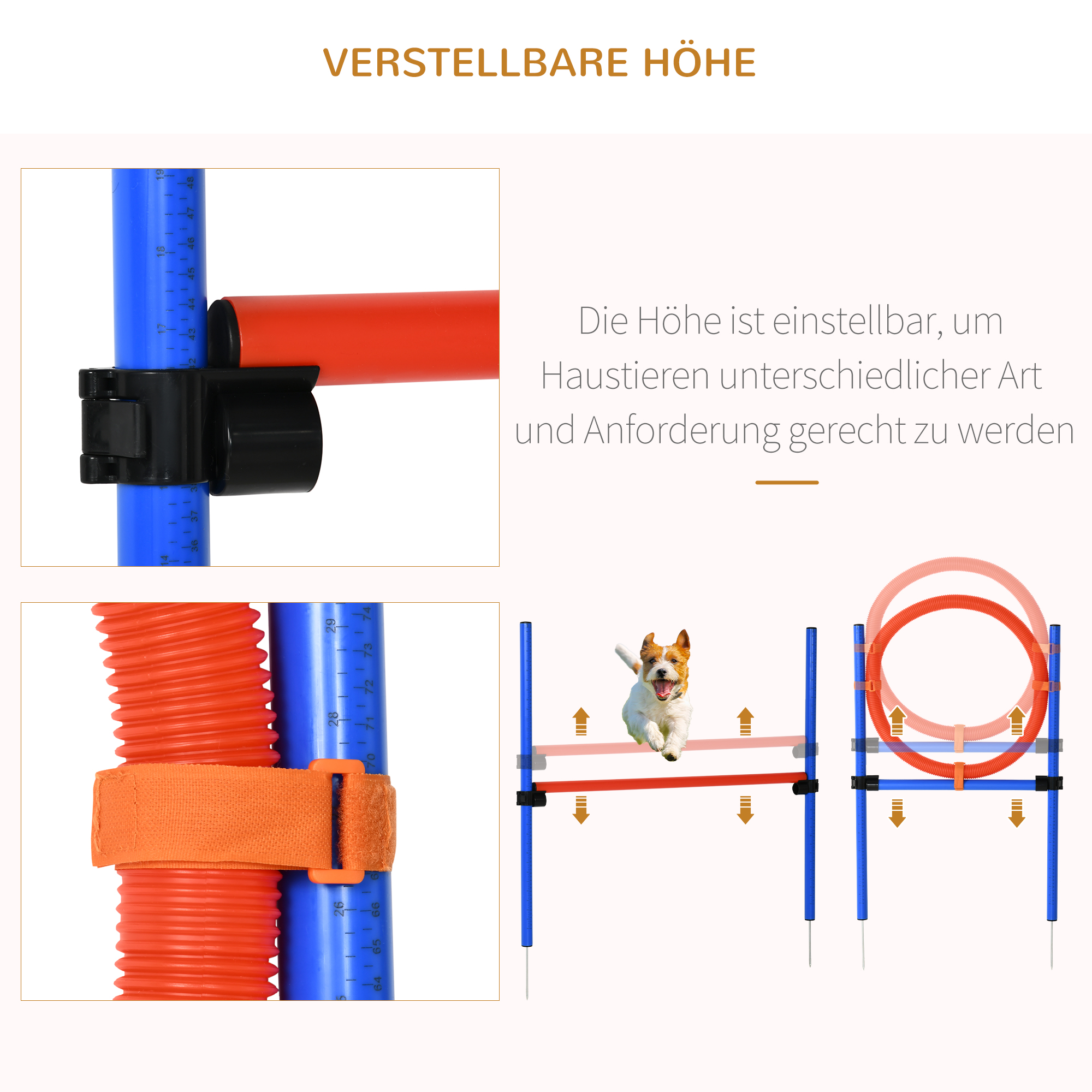 Agility Set Hunde, 3-teiliges Agility Ausrüstung mit Hürden, Slalomstangen, Springring, Aufbewahrungstasche, Steckhürdenset für Hundetraining, Trainingsset für Hunde Blau+Rot