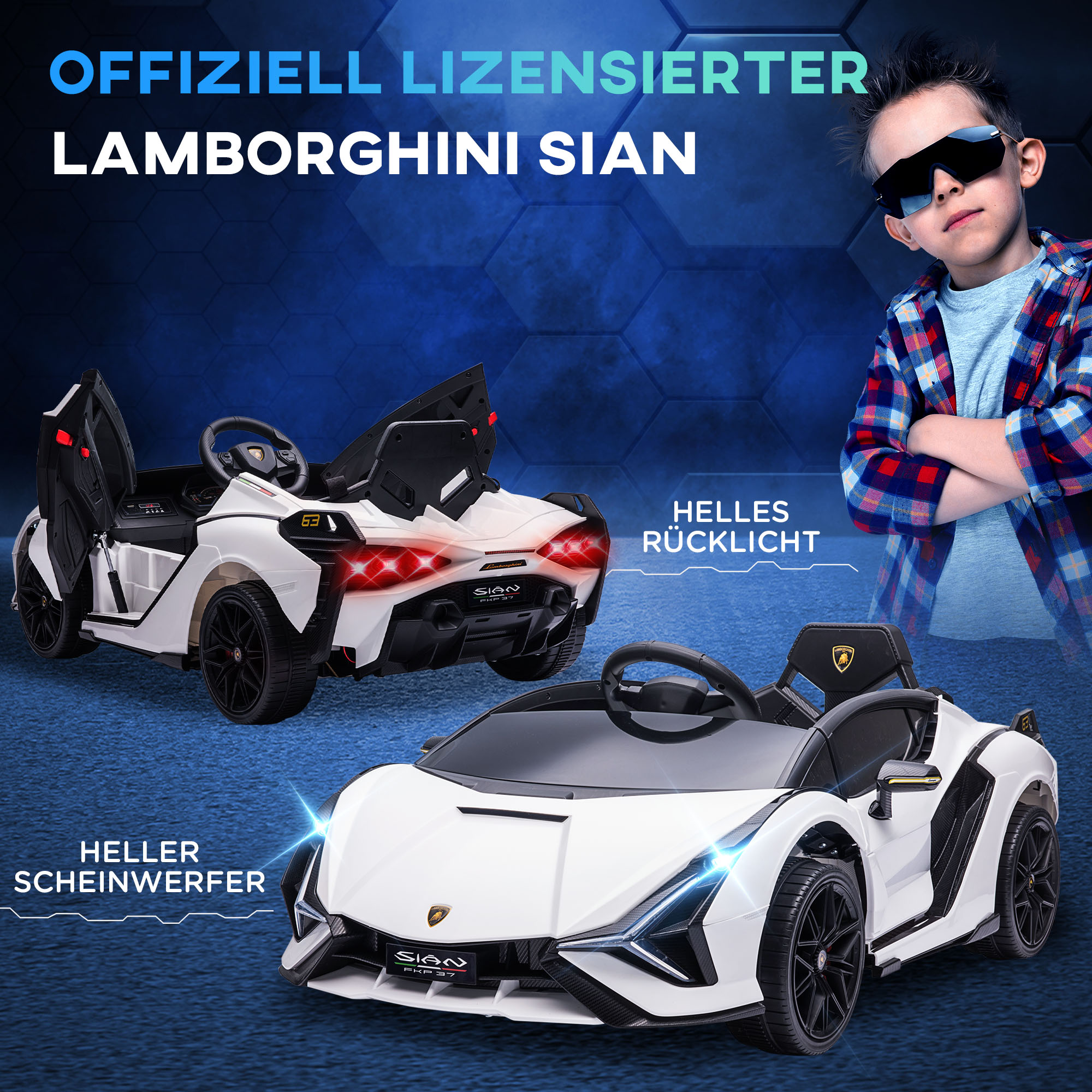 Kinderfahrzeug 12V 2 Fahrmodi Lamborghini SIAN SUV-Auto-Spielzeug Elektroauto mit Fernbedienung Musik(MP3/USB) Licht 37-60 Monate Metall Weiß 108 x 62 x 40 cm