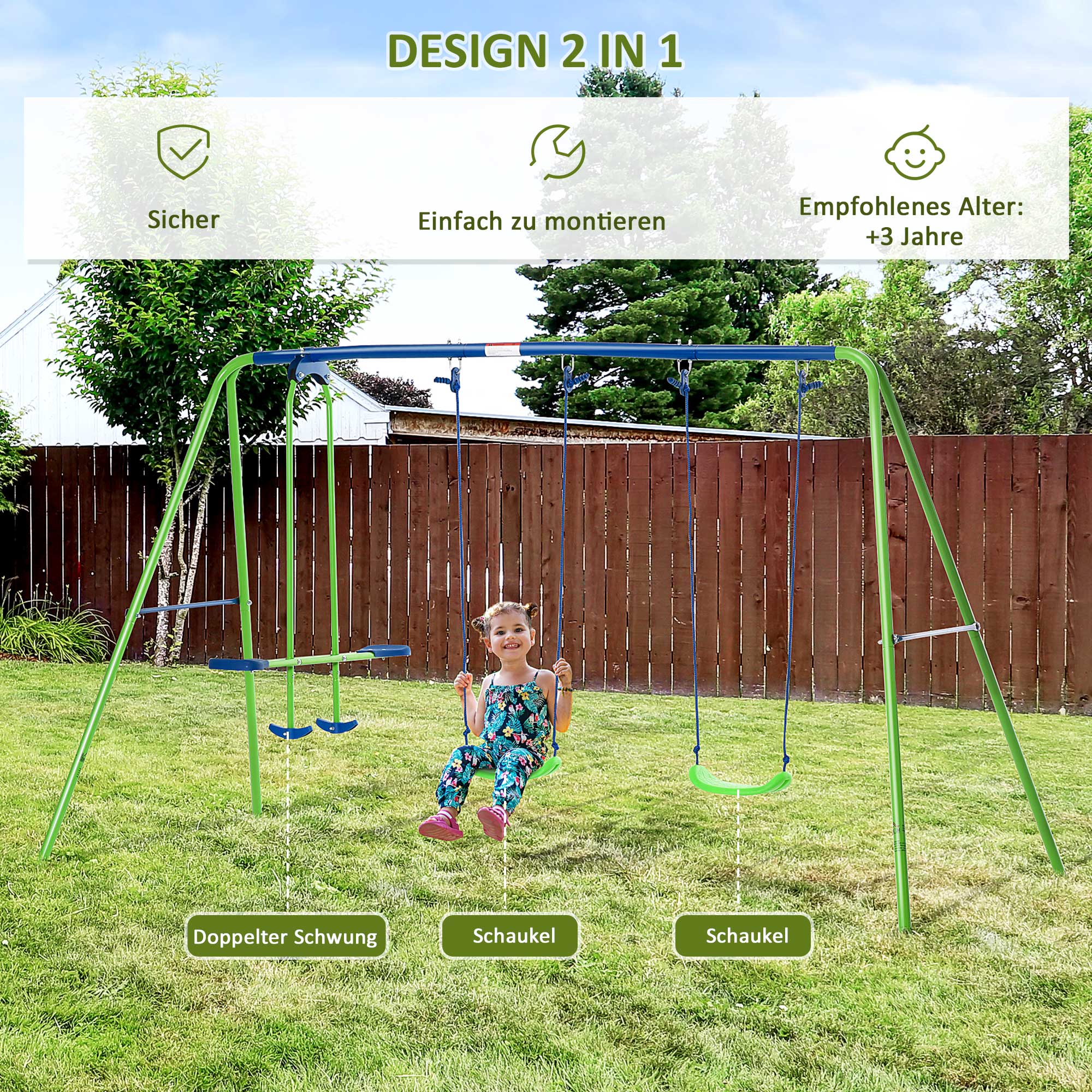 Schaukelgestell, Outdoor-Schaukelgerüst mit 2 Schaukeln, Wippe, Kinderschaukel mit Metallgestell, Grün