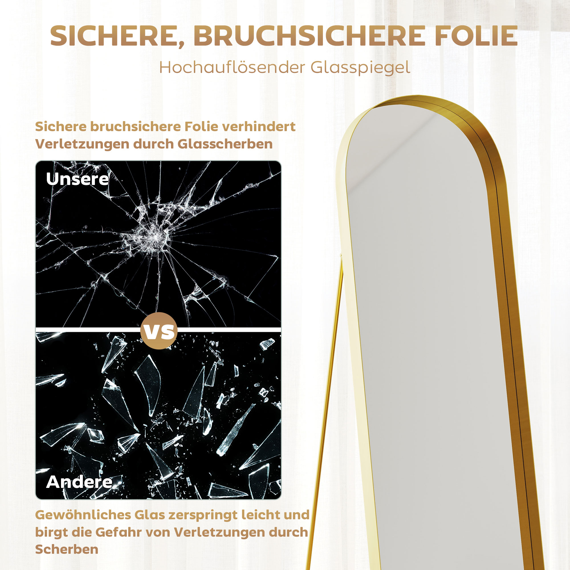 Ganzkörperspiegel mit Metallrahmen, 160 x 50 cm, goldfarbener Rahmen, für Wohnzimmer, Schlafzimmer