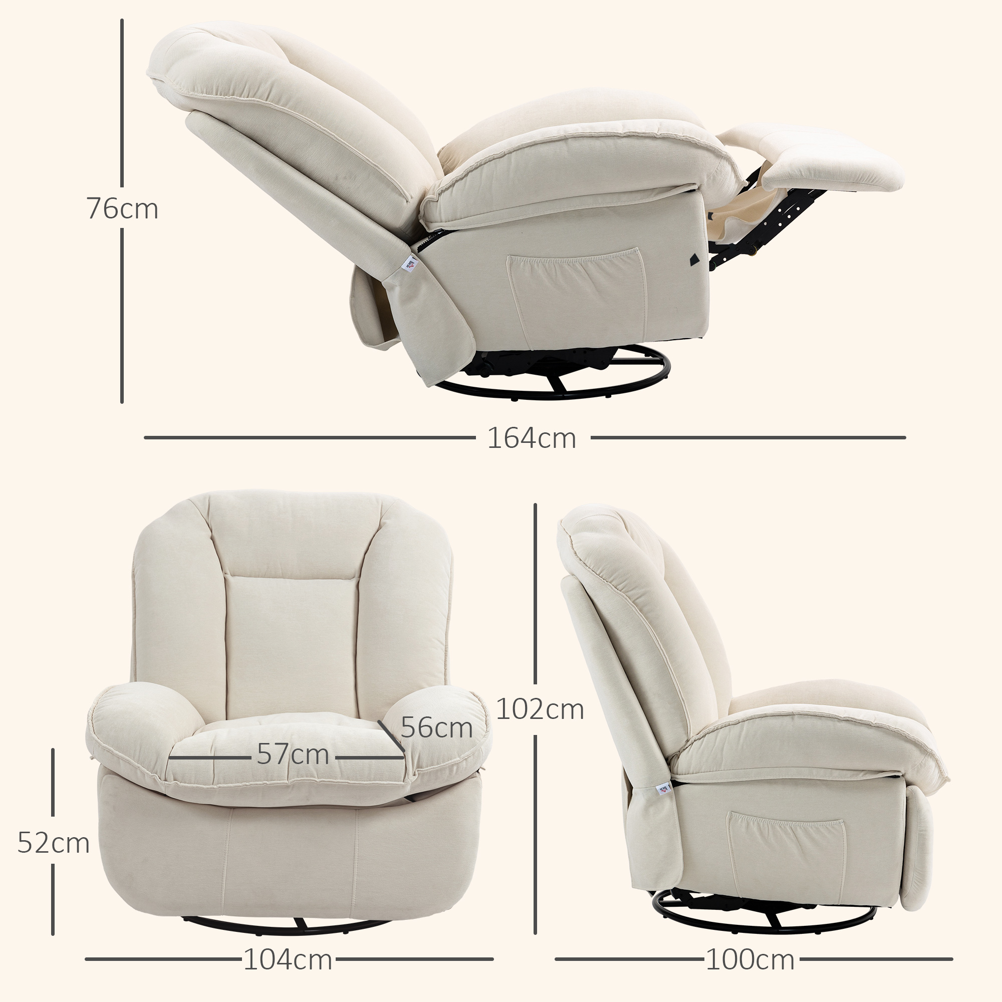 Relaxsessel, verstellbar, 104x100x102cm/164x76cm, Cremeweiß