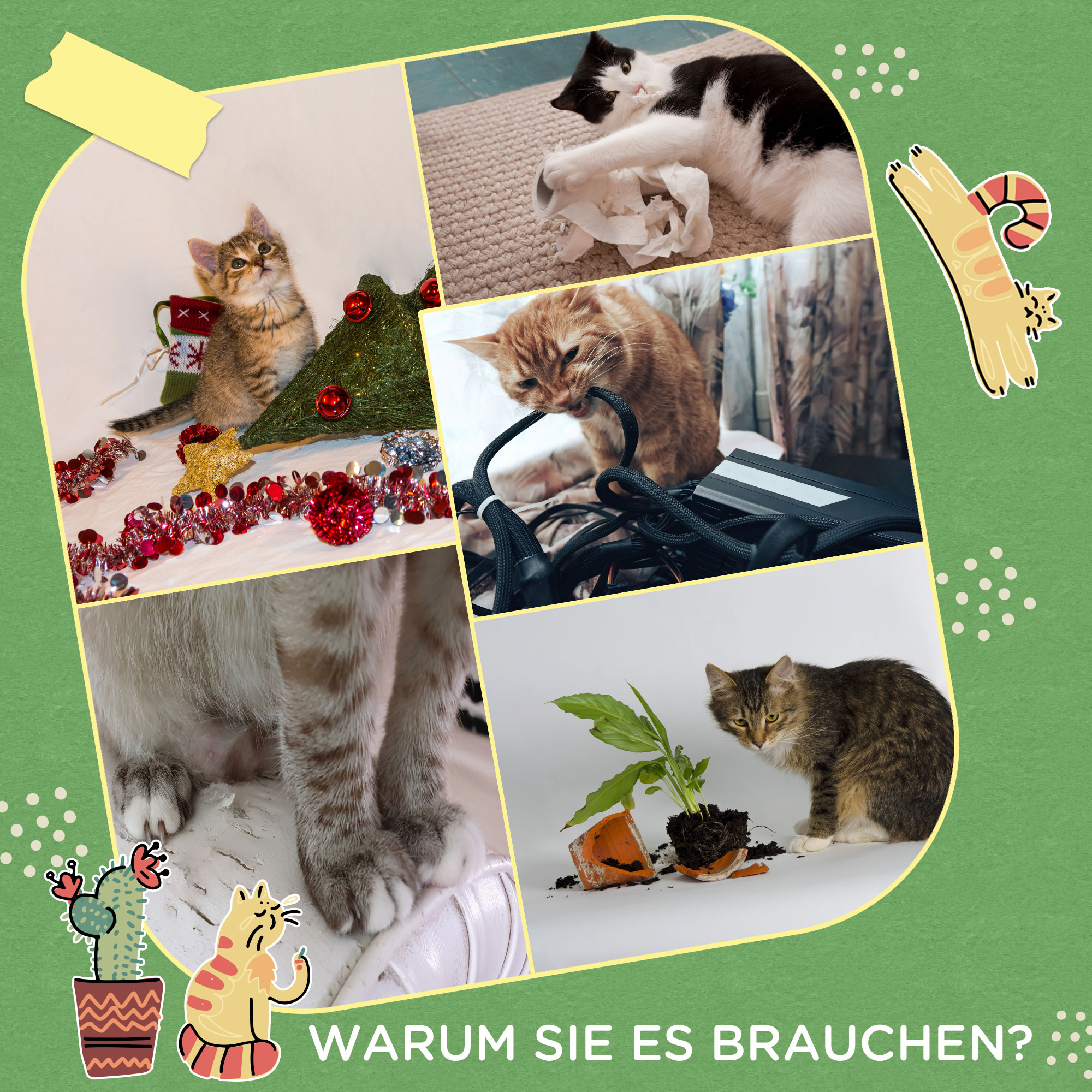 2er-Set Kratzbäume Kratzstämme, Kakteen-Design zur Befestigung an der Wand, 30 cm x 60 cm, Eiche+Weiß+Grün