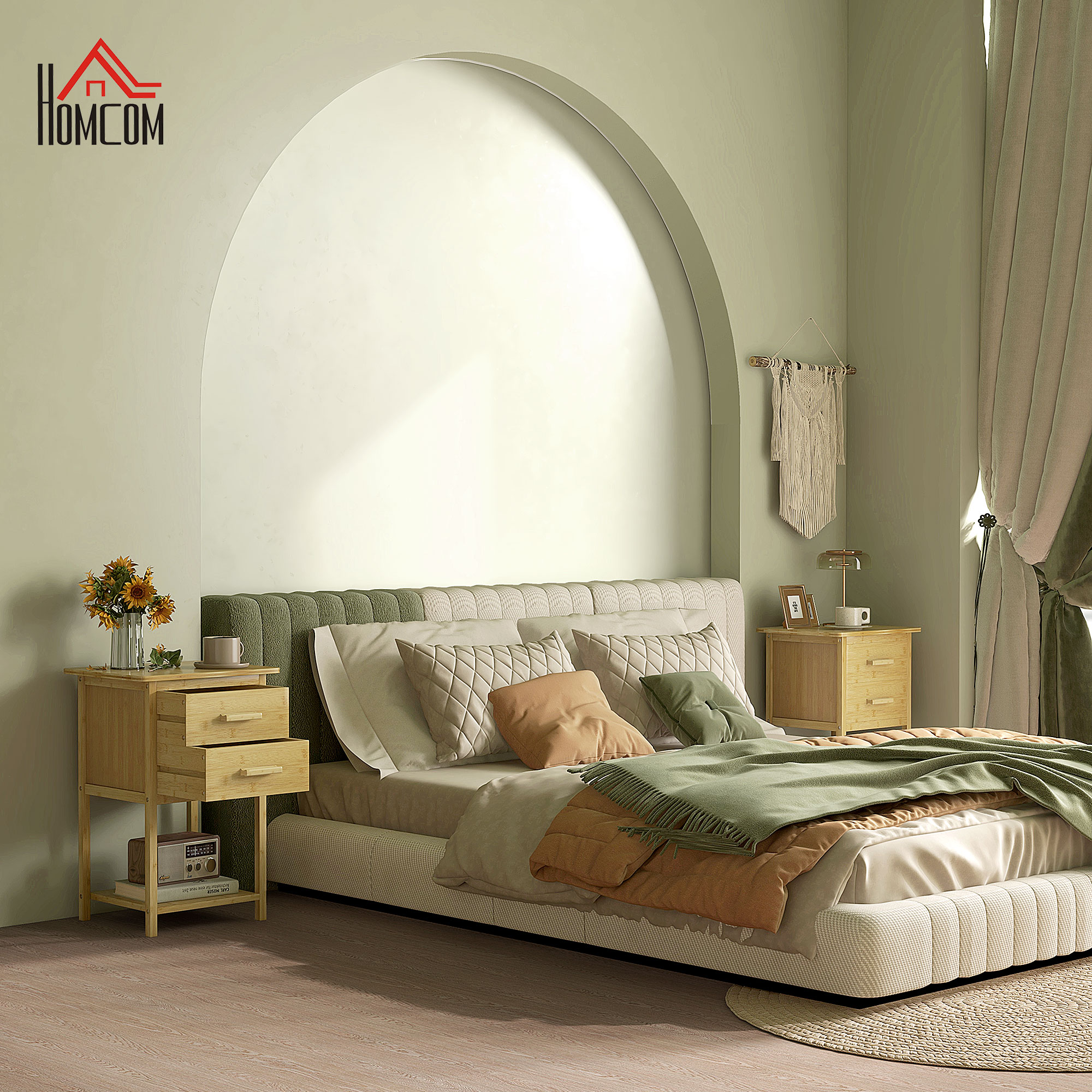 Nachtschrank, 2er-Set, Skandi-Design, Bambus, 2 Schubladen & Regal, 40x34x60cm
