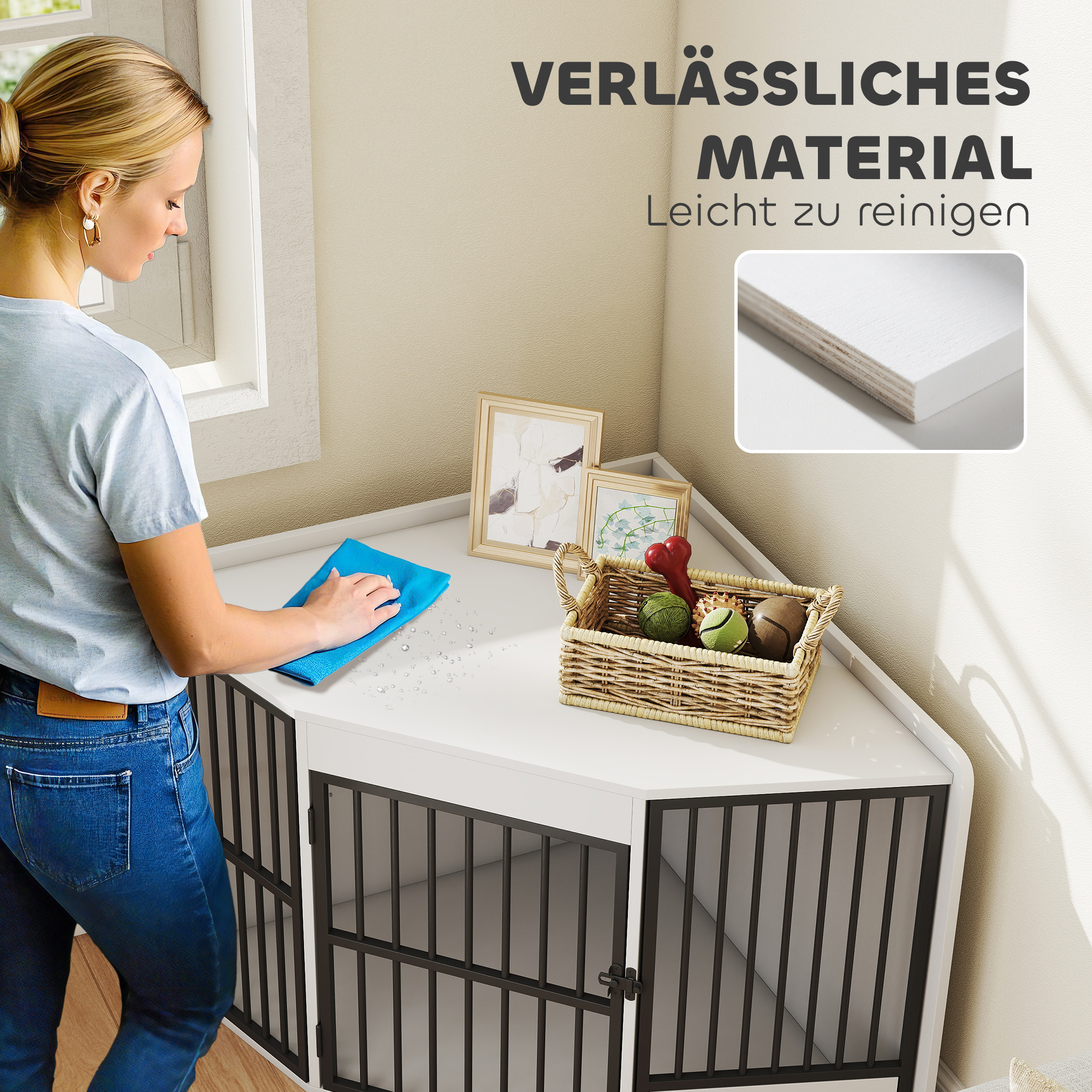 Hundebox, Aufenthaltsbox für kleine und mittelgroße Hunde, Haustierbox, Fütterungstür, MDF, Metall, Weiß