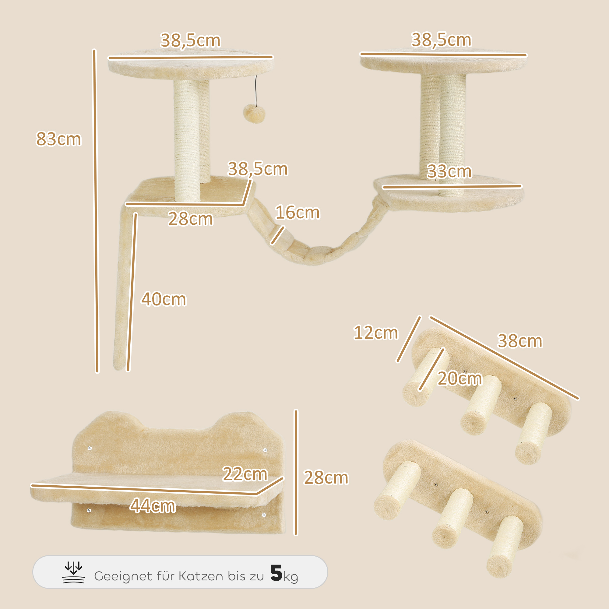 Katzentreppen-Set, Wand- und Deckenmontage, für Katzen bis 5 kg, Beige