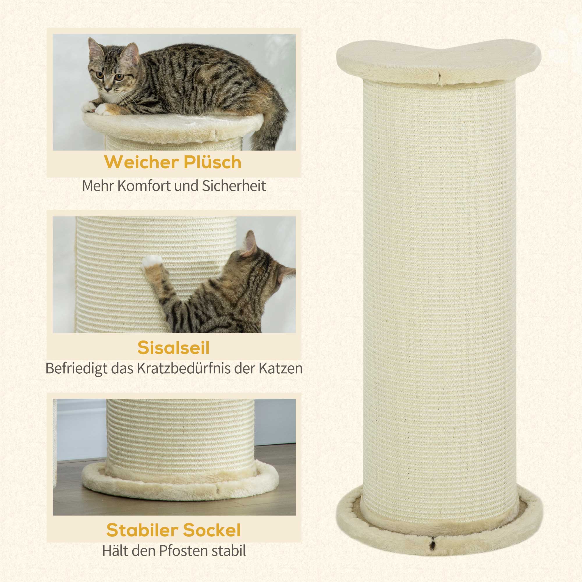 Kratzbrett für Katzen, Eckdesign, platzsparend, 35 cm x 35 cm x 85 cm, Cremeweiß