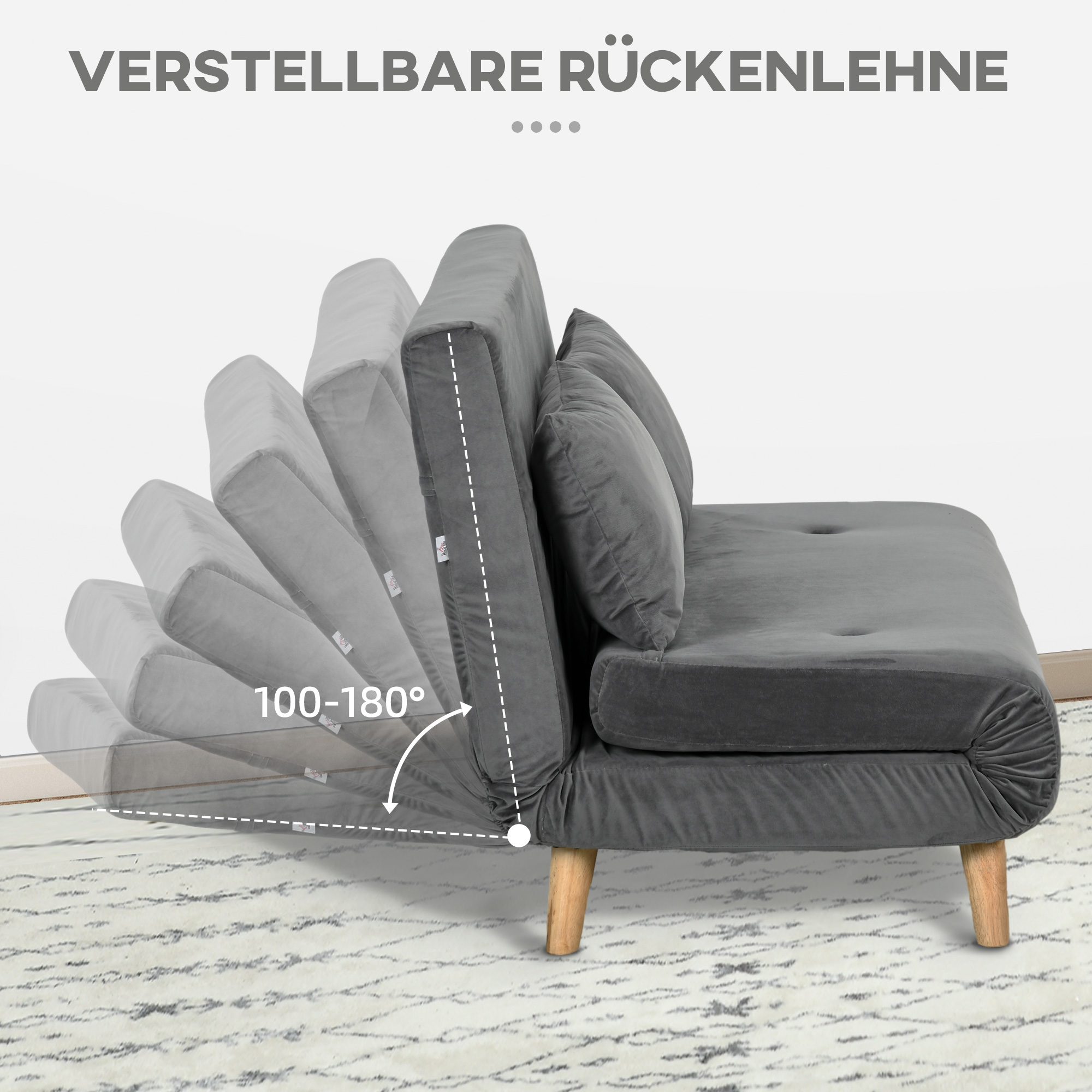 Schlafsofa Relaxsofa Sofa Couch, inkl. 2 Kissen, Samtoptik, 130 x 78 x 79 cm, Grau