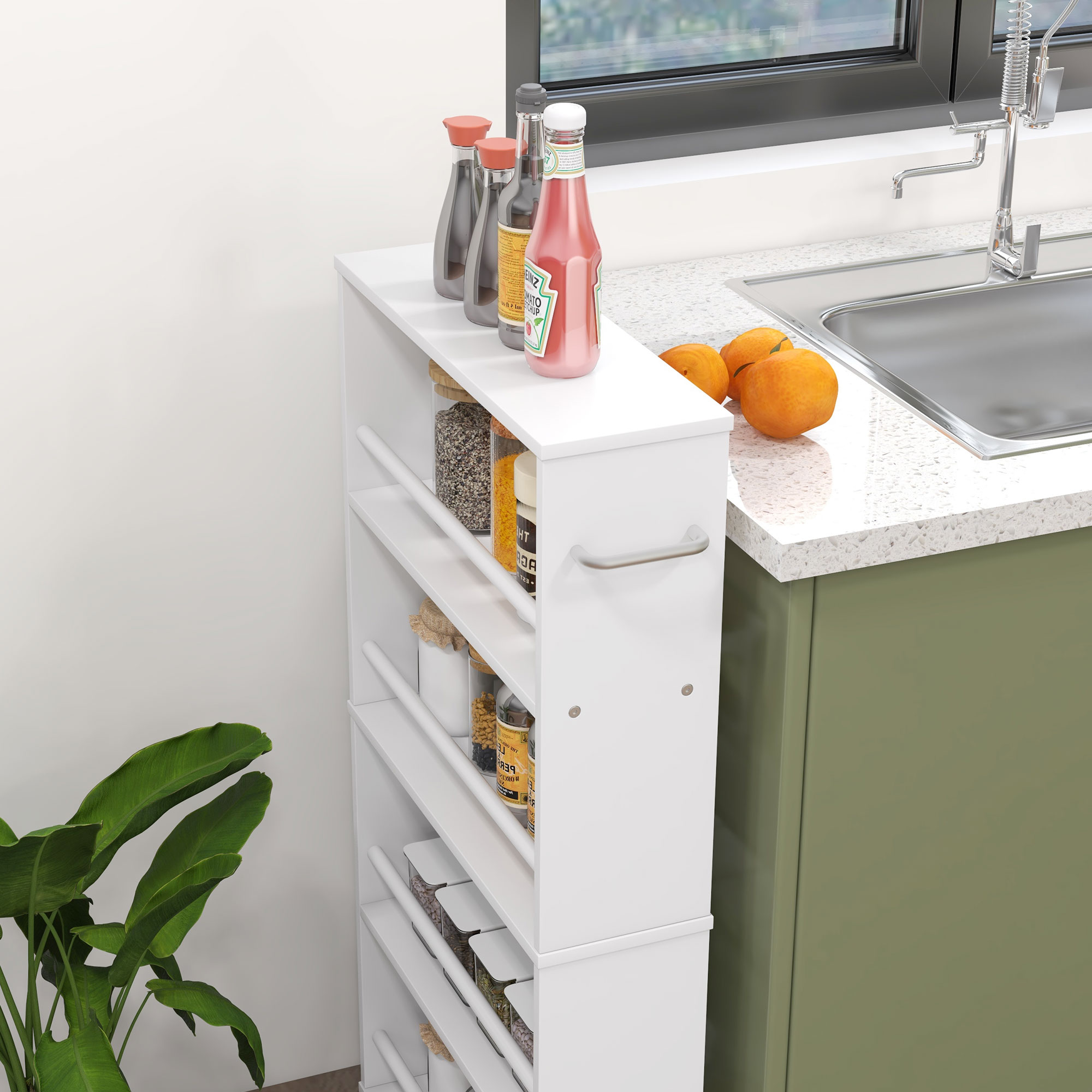 Multifunktionsregal mit Rollen, schmale Bauweise, 4 Fächer, 45x15x91 cm, Weiß