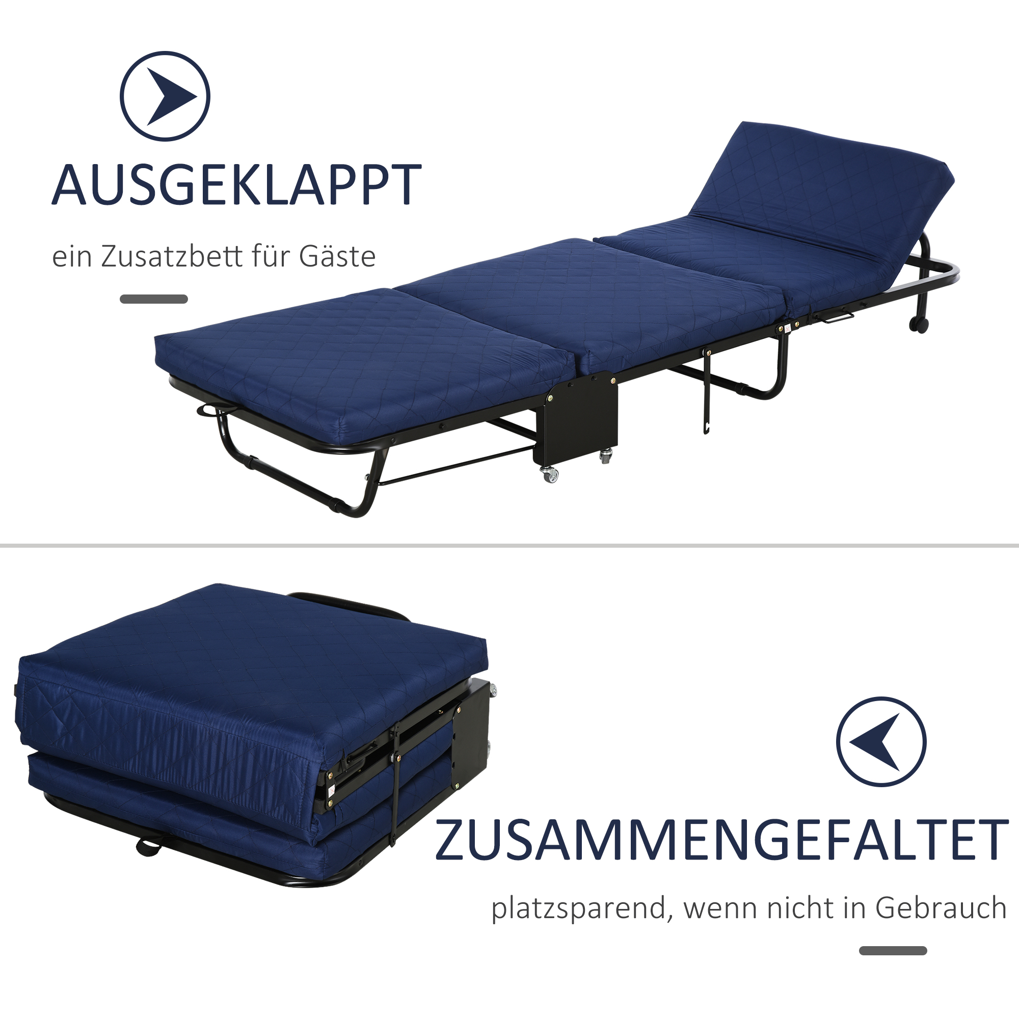 Klappbett 65x184 cm, Erwachsene Gästebett Klappbar mit 6 cm Dicker Schaumstoff, Reisebett mit Metallrahmen, Feldbett mit Rollen und höhenverstellbarem Kopfteil, bis 120 kg belastbar, Blau