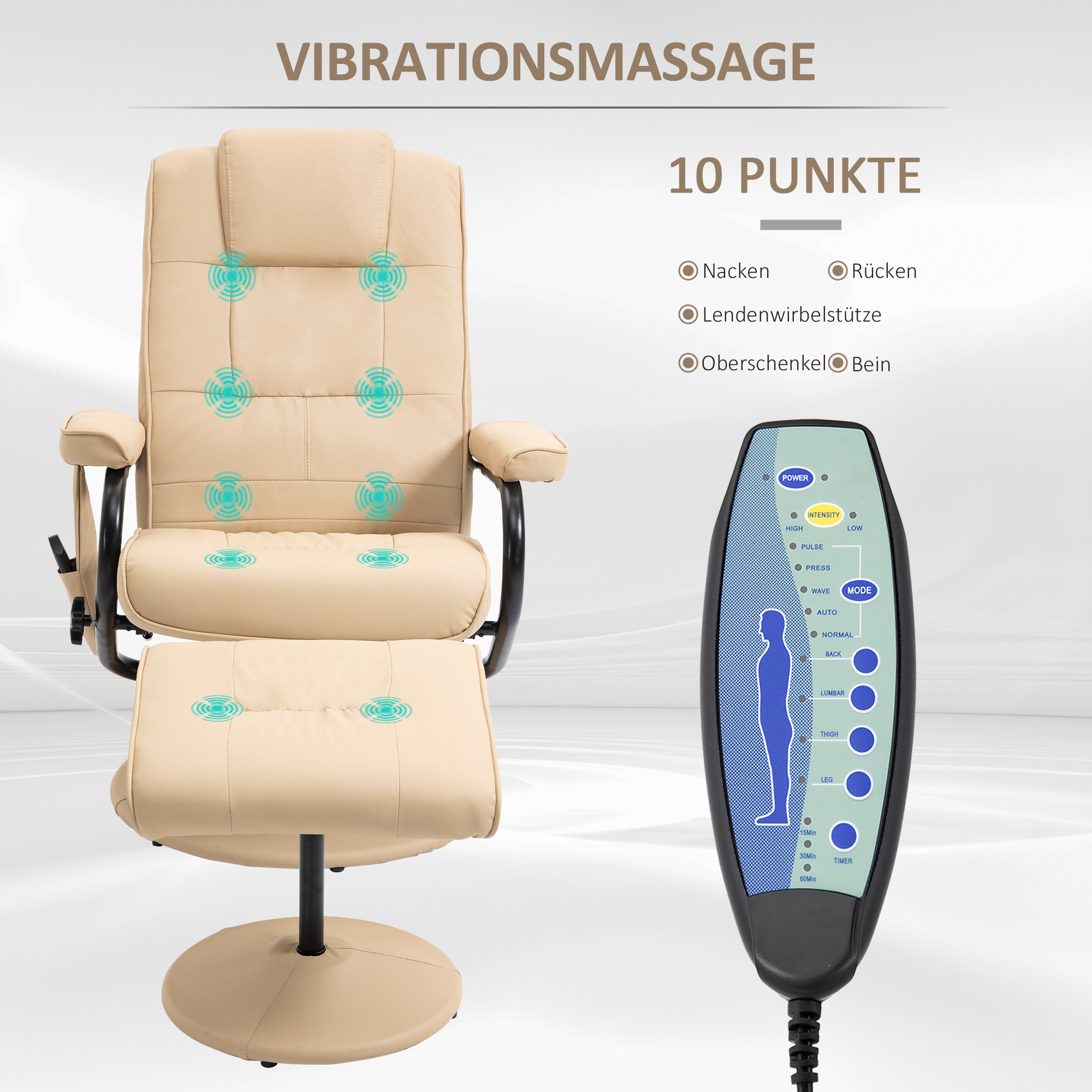 Massagesessel mit Hocker, Drehbares Relaxsessel mit Massagefunktion, Fernsehsessel mit Liegefunktion, Fernbedienung für Wohnzimmer, Kunstleder, Creme