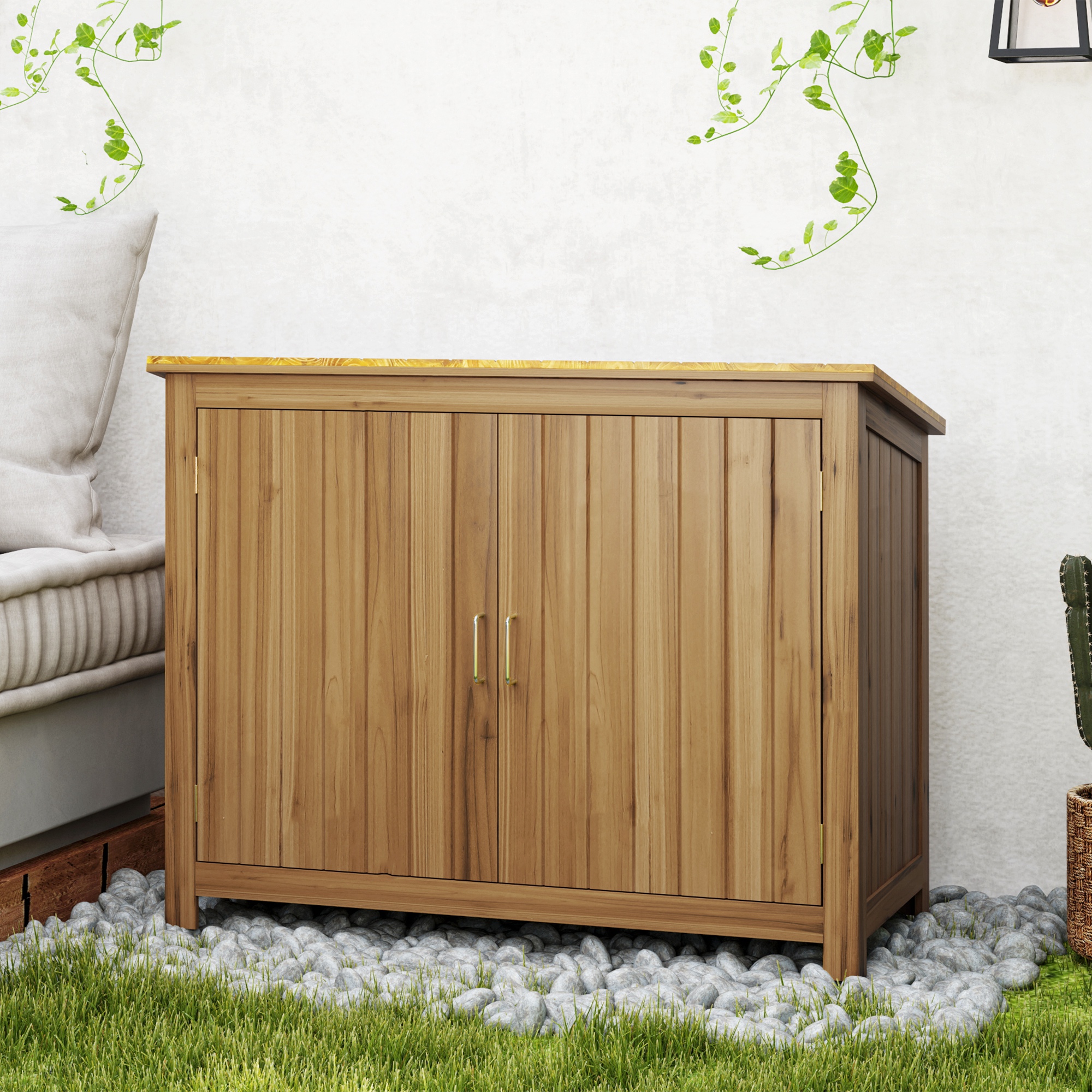 Gartenschrank, Holzkommode mit 2 Regalen für Garten, Terrasse, Wetterfest, 110 x 50 x 85 cm, Braun