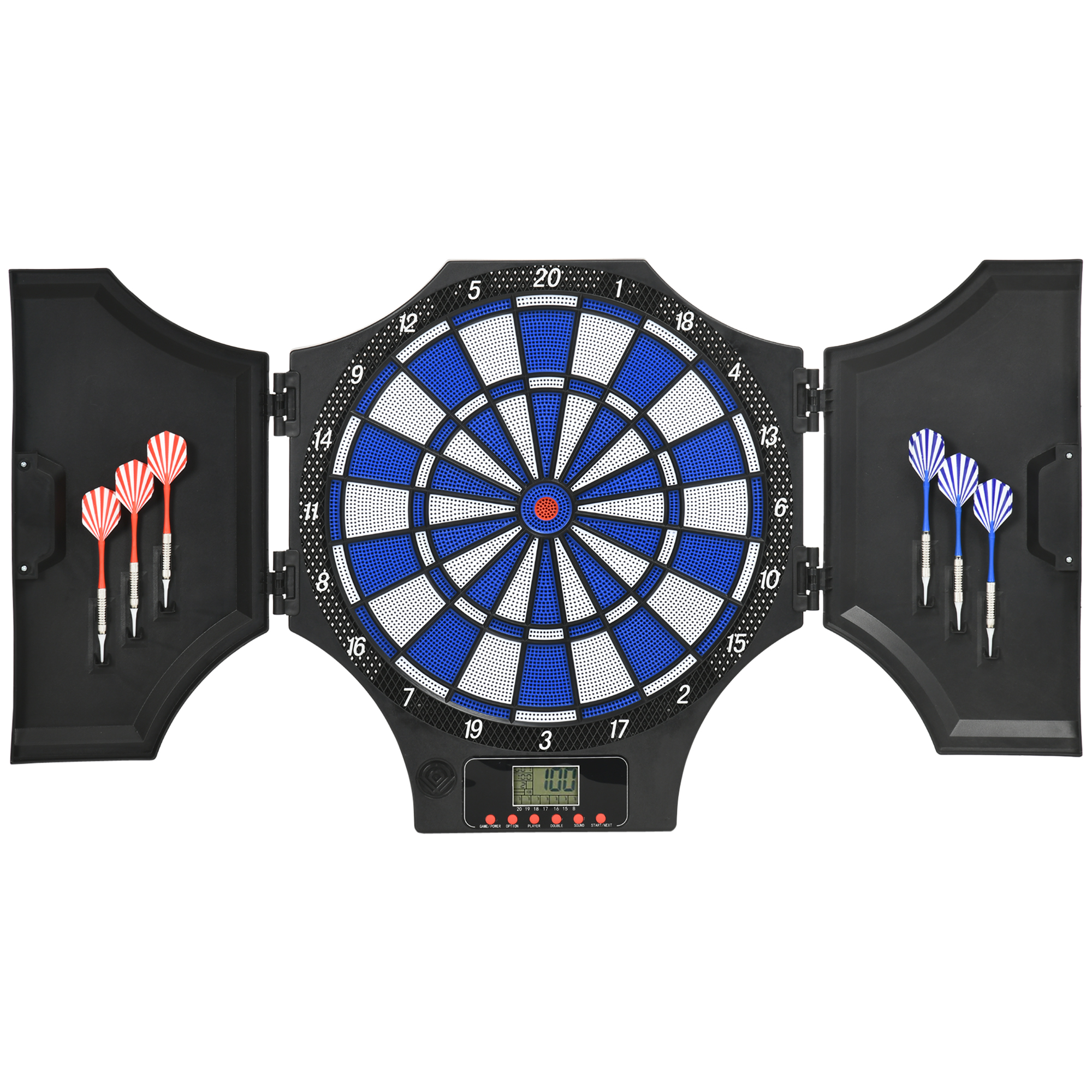 Dartscheibe, elektronisch, 31 Spiele und 285 Programme, für 8 Spieler, 2 Türen, 6 Pfeile, Sound, schwarz, 83 x 45 x 4 cm