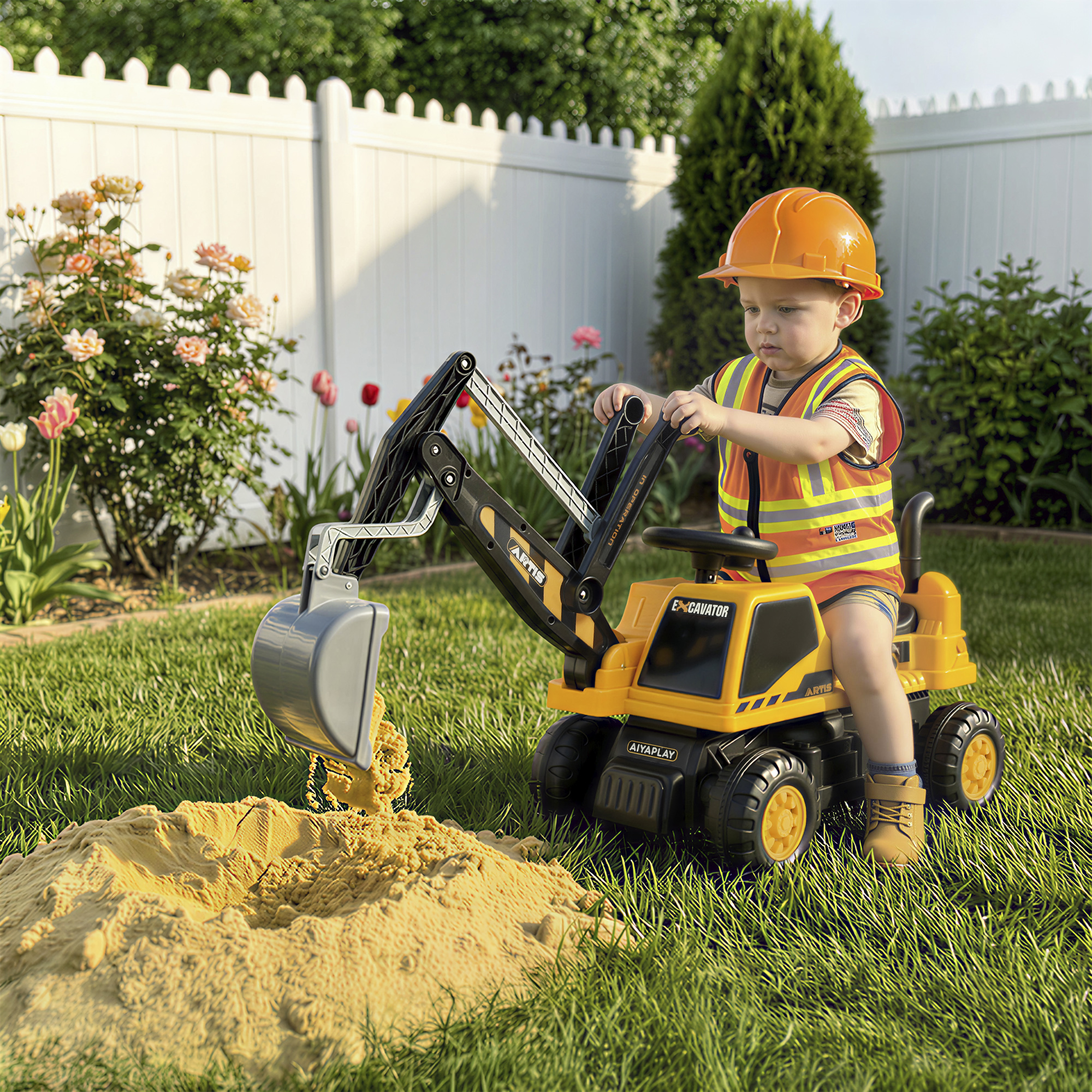 Sitzbagger Aufsitzbagger mit Schaufel Lenkrad drehbar Aufbau verstellbar Rückenlehne für Kinder 1,5-3 Jahre Gelb
