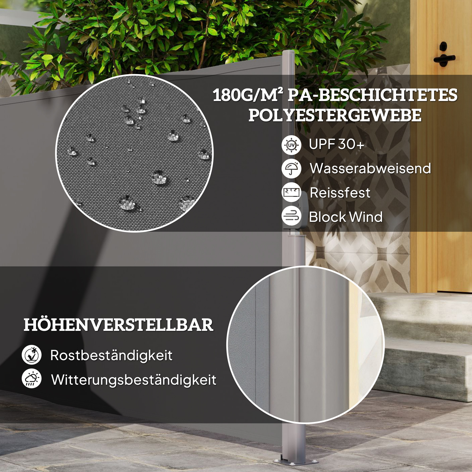 Seitenmarkise ausziehbar blickdicht Sichtschutz mit Wandhalterung  Beschichtung 300x140cm Dunkelgrau