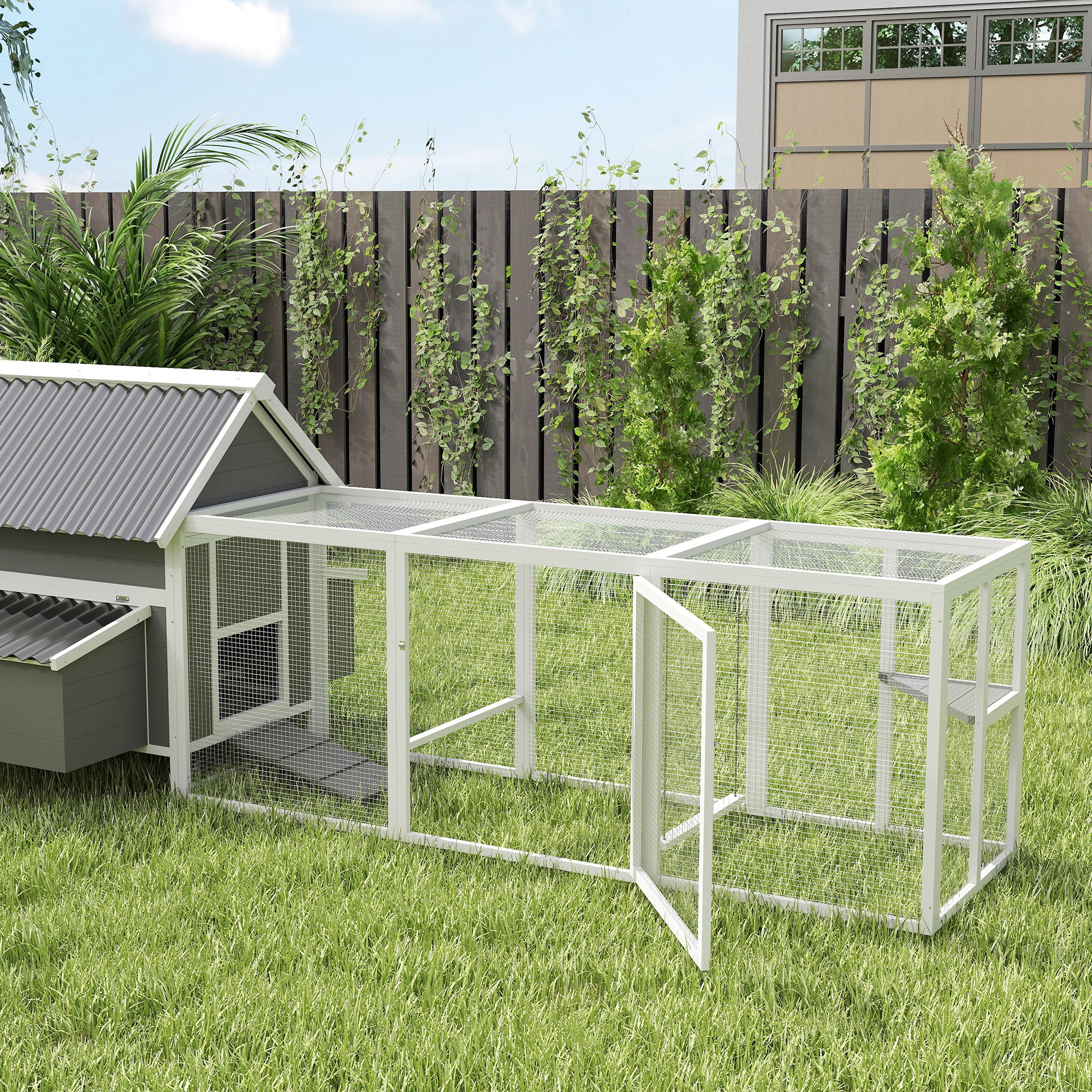 Großer Hühnerstall für 7-10 Hühner, Sitzstangen, Schaukel, Fenster, Nistkästen, Maschendraht, Grau