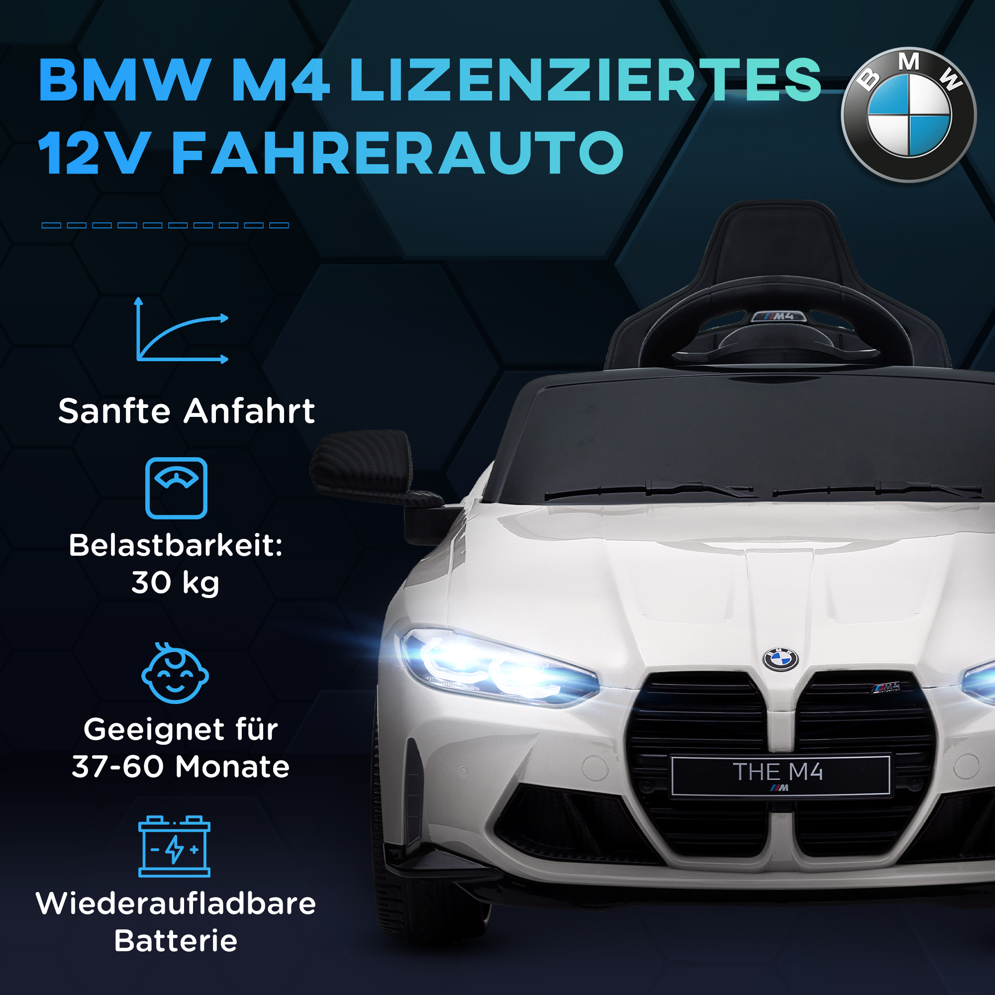 Elektro-Kinderauto BMW M4, Sound & Licht, 3-5 km/h, inkl. Fernsteuerung, für 3-5 Jahre, Weiß