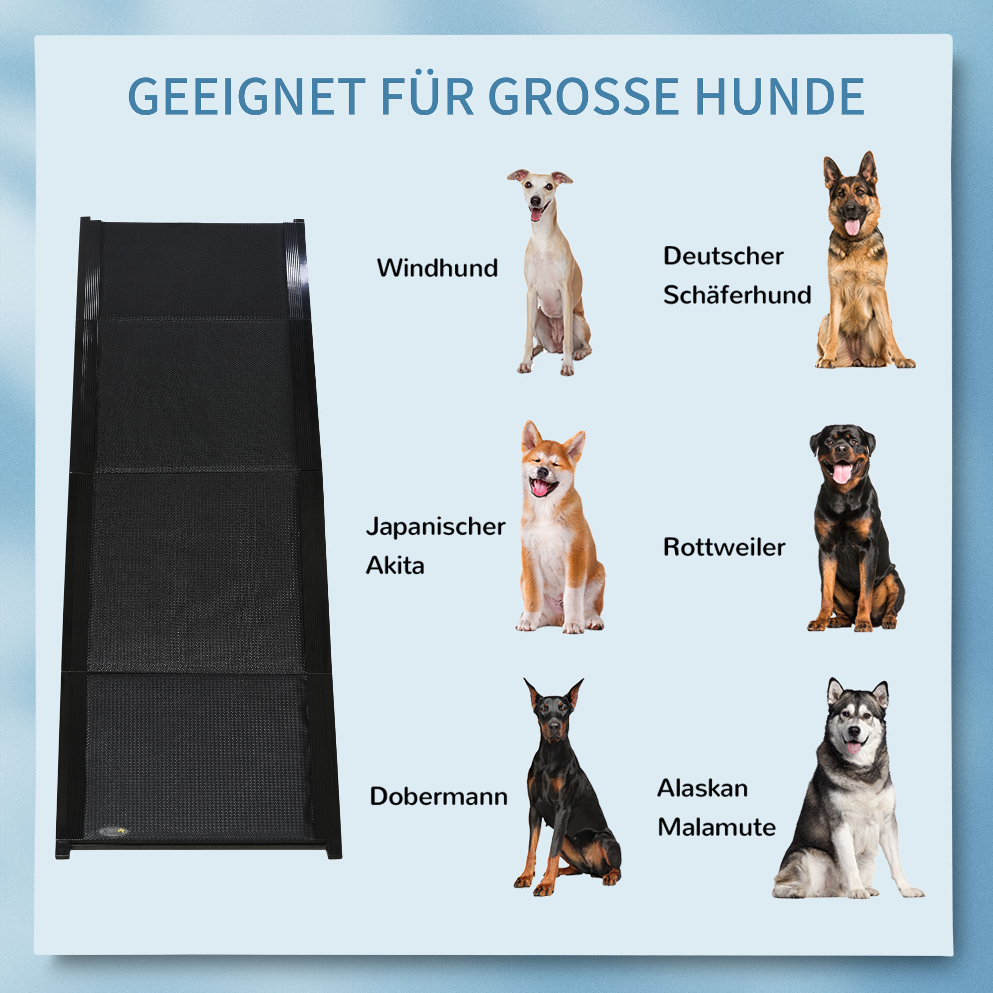 Haustierrampe, klappbar, rutschfest, Hunde bis 40 kg, 158 cm x 43,5 cm x 2,5 cm, Schwarz
