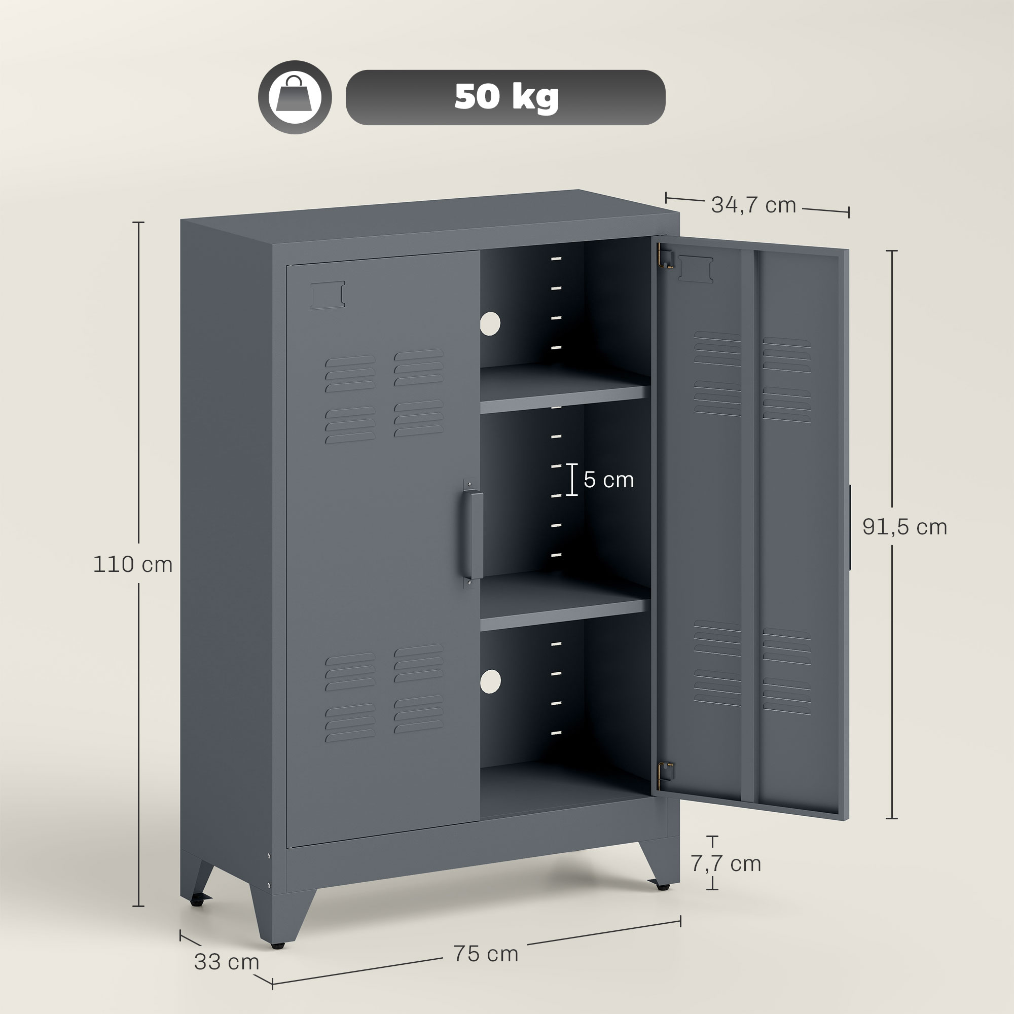 Aktenschrank mit Lamellentüren, Lagerschrank, Metallschrank mit 2 verstellbaren Einlegeböden, 75 x 33 x 110 cm, Grau